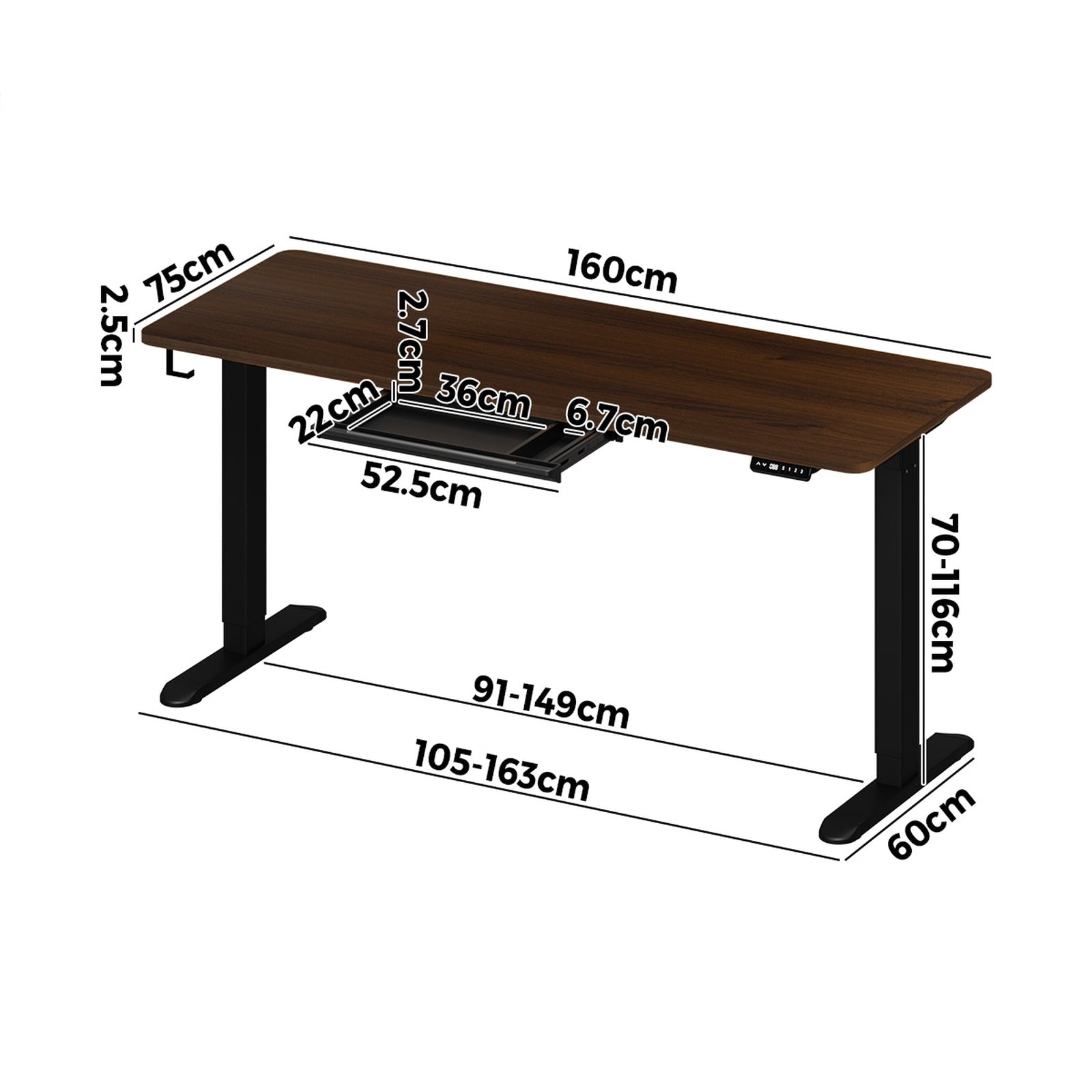 Oikiture 160cm Standing Desk With Drawer Motorized Adjustable Office Table Black - Sunyee