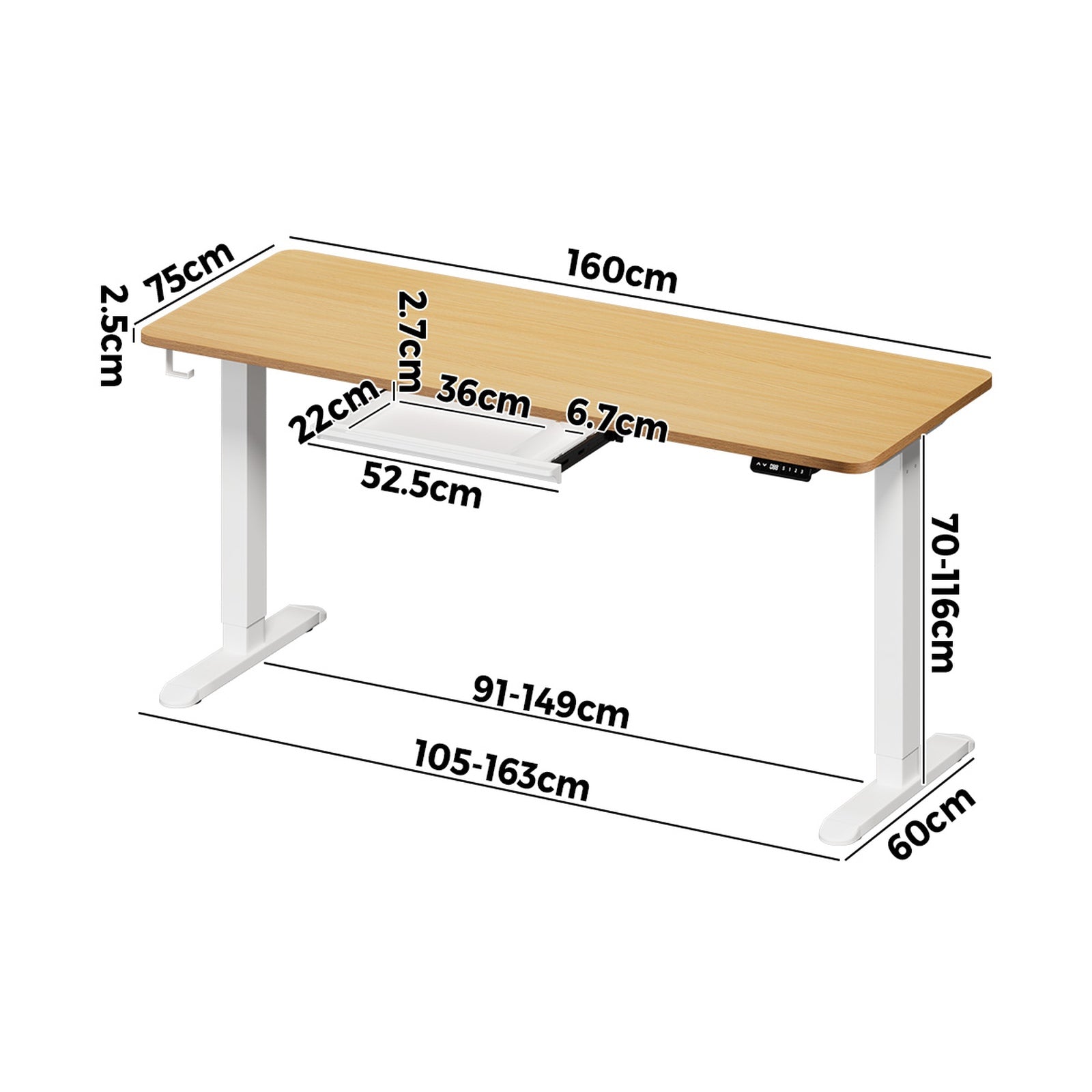 Oikiture 160cm Standing Desk With Drawer Motorized Adjustable Office Table White - Sunyee