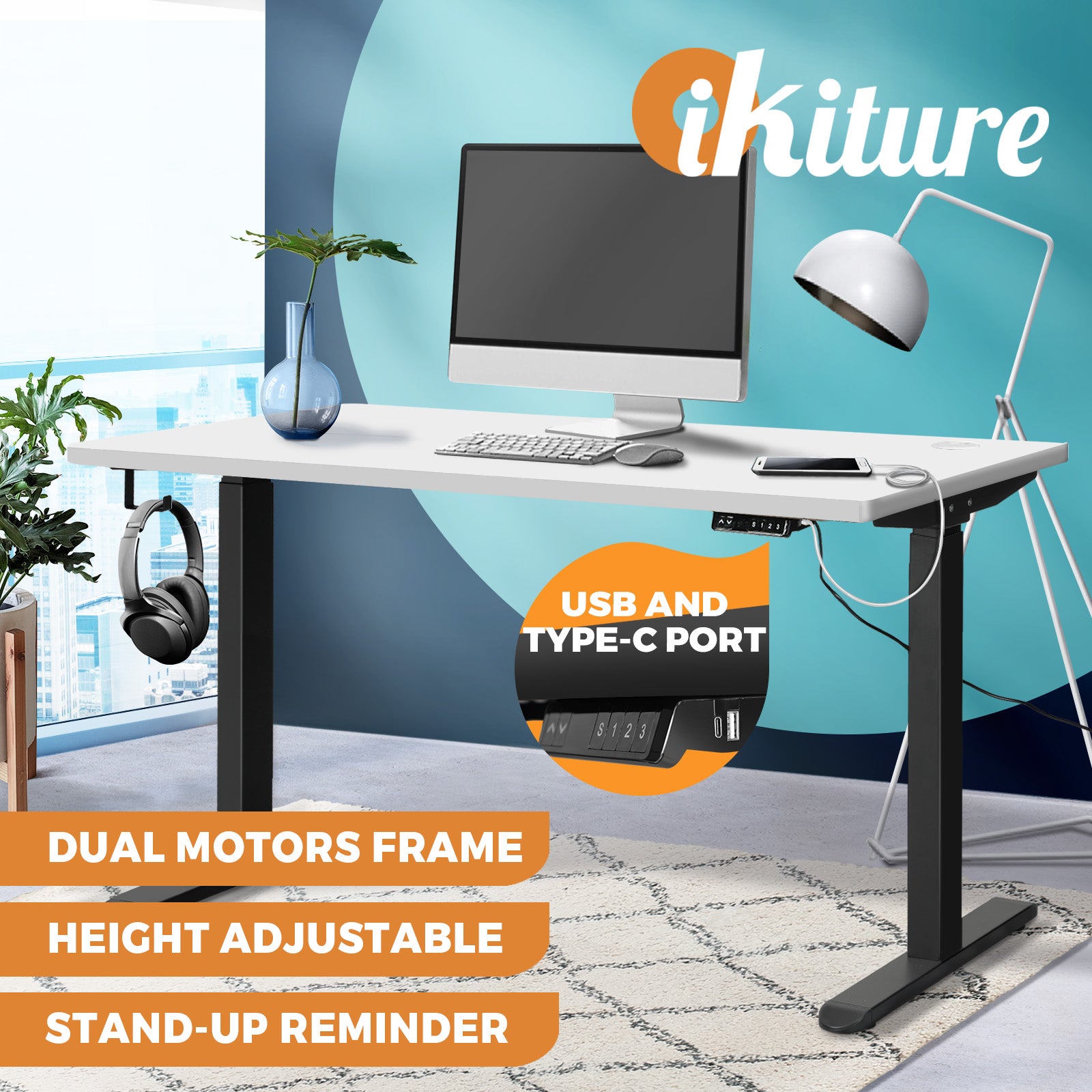 Oikiture Electric Standing Desk Motorised Height Adjustable Office Desk USB Port - Sunyee