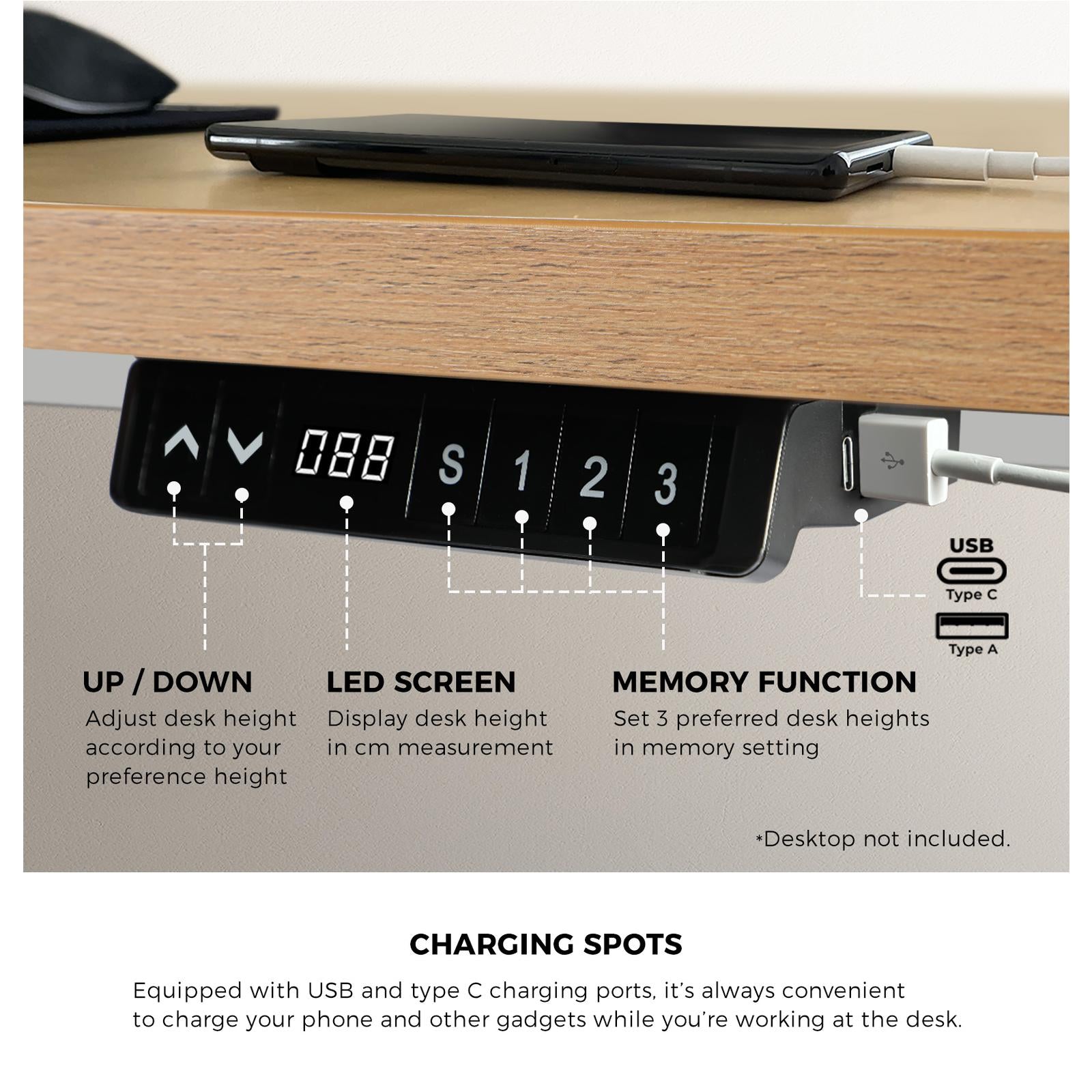Oikiture Electric Standing Desk Motorised Height Adjustable Office Desk USB Port - Sunyee