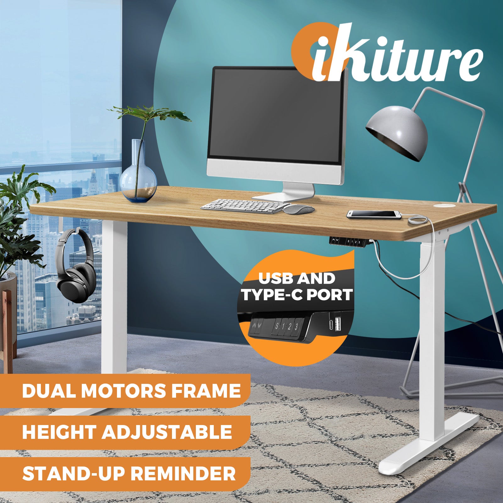 Oikiture Standing Desk Electric Height Adjustable Stand Office Dual Motor 140cm - Sunyee