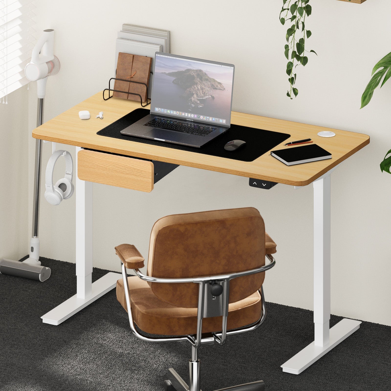 Oikiture 150cm Electric Standing Desk w/ Drawer Motorised Adjustable White Oak - Sunyee