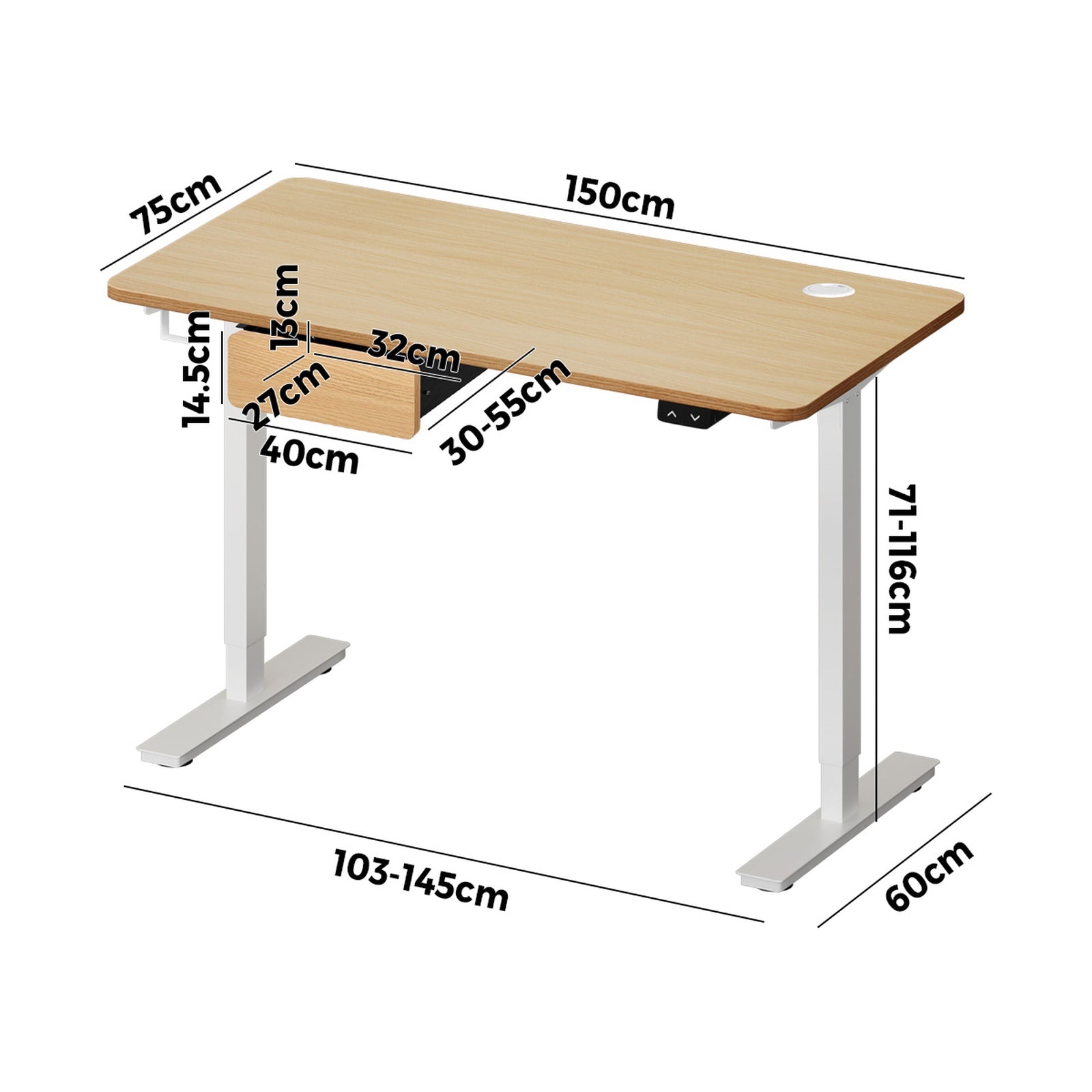 Oikiture 150cm Electric Standing Desk w/ Drawer Motorised Adjustable White Oak - Sunyee