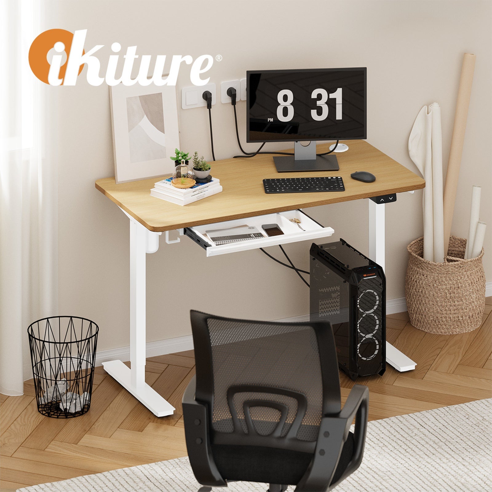 Oikiture 150cm Electric Standing Desk with Drawer Height Adjustable White & Oak - Sunyee