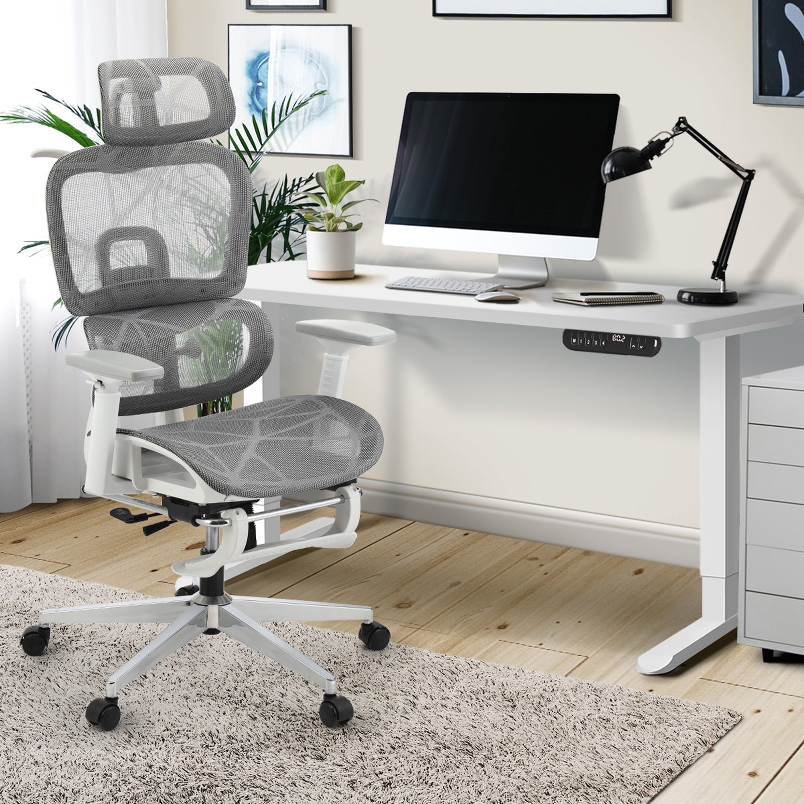 Oikiture Office Desk and Chair Set Mesh Ergonomic Chair Sit-stand Desk GY&WH - Sunyee