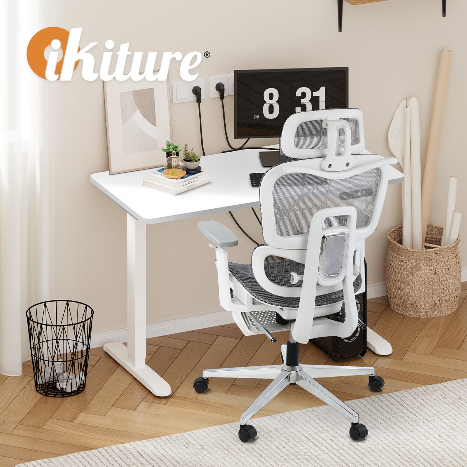 Oikiture Office Desk and Chair Set Mesh Ergonomic Chair Sit-stand Desk GY&WH - Sunyee