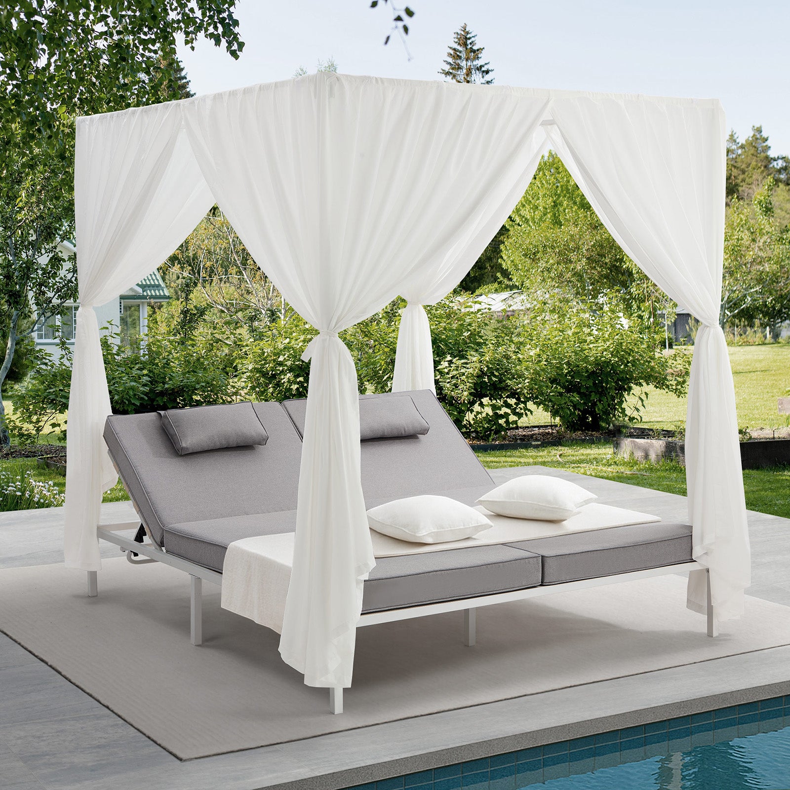 Livsip Double Sun Lounge Outdoor Sofa Day Bed with Curtains Patio Furniture - Sunyee