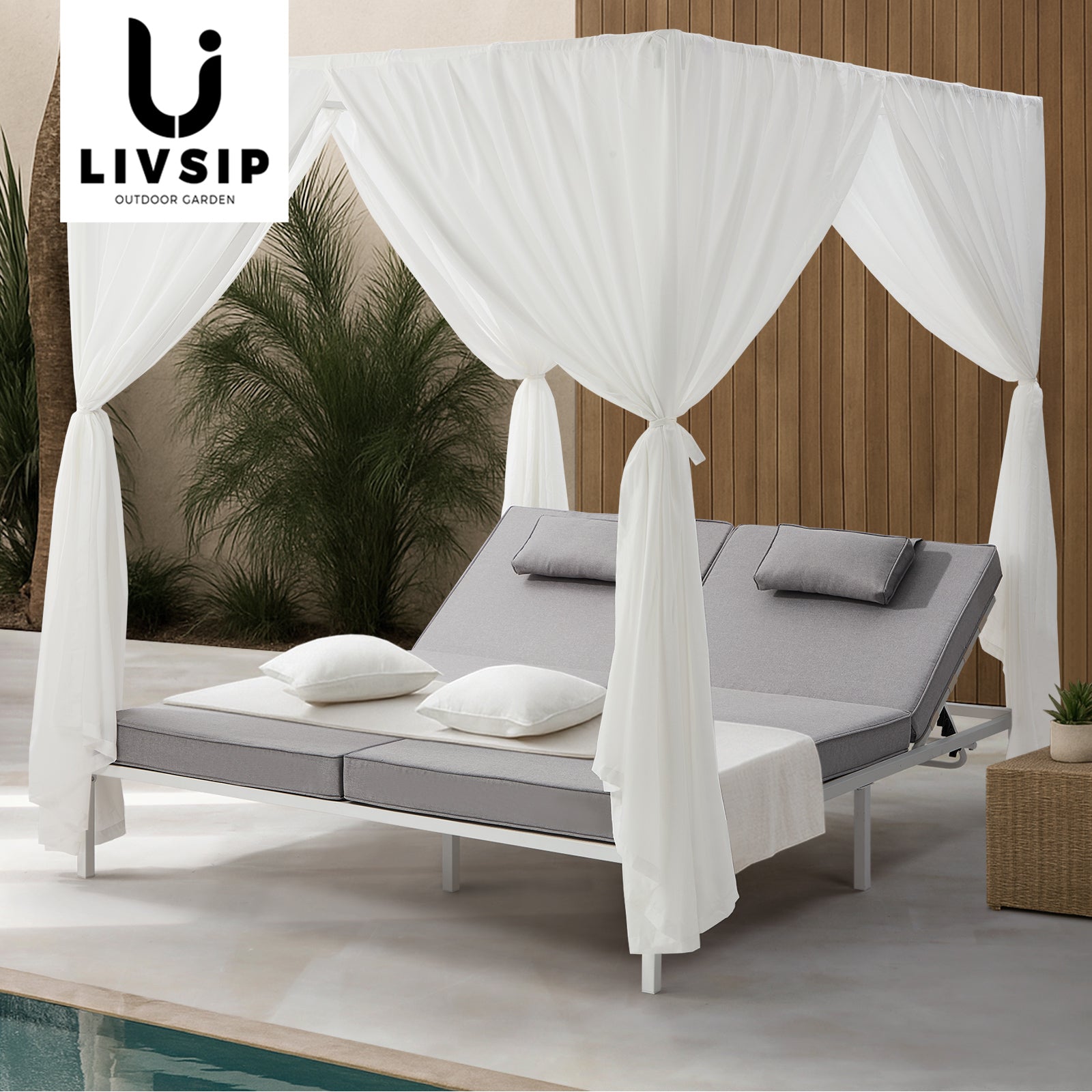 Livsip Double Sun Lounge Outdoor Sofa Day Bed with Curtains Patio Furniture - Sunyee