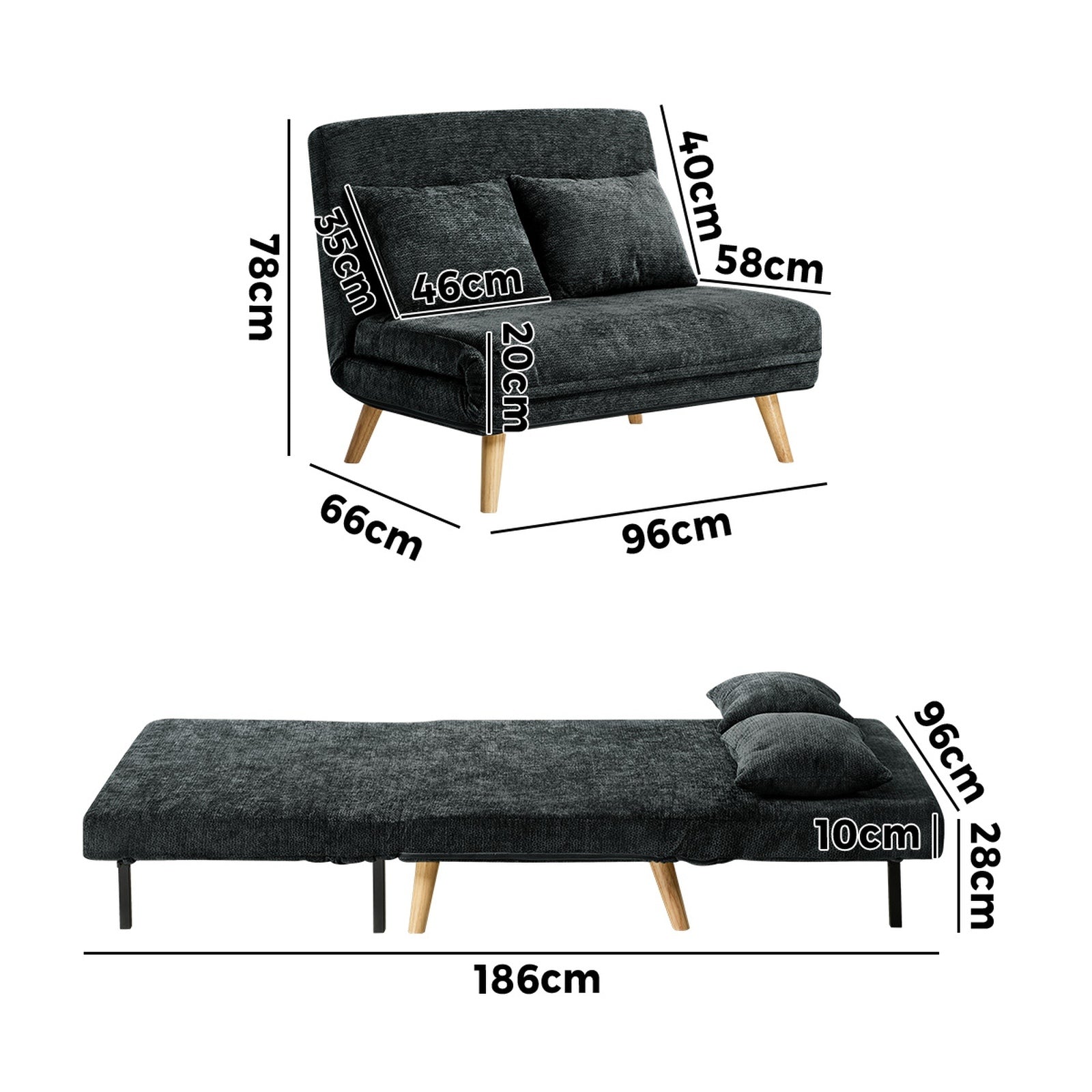 Oikiture Sofa Bed Lounge Chair Chenille Recliner Love Sofa Double Seat Charcoal - Sunyee