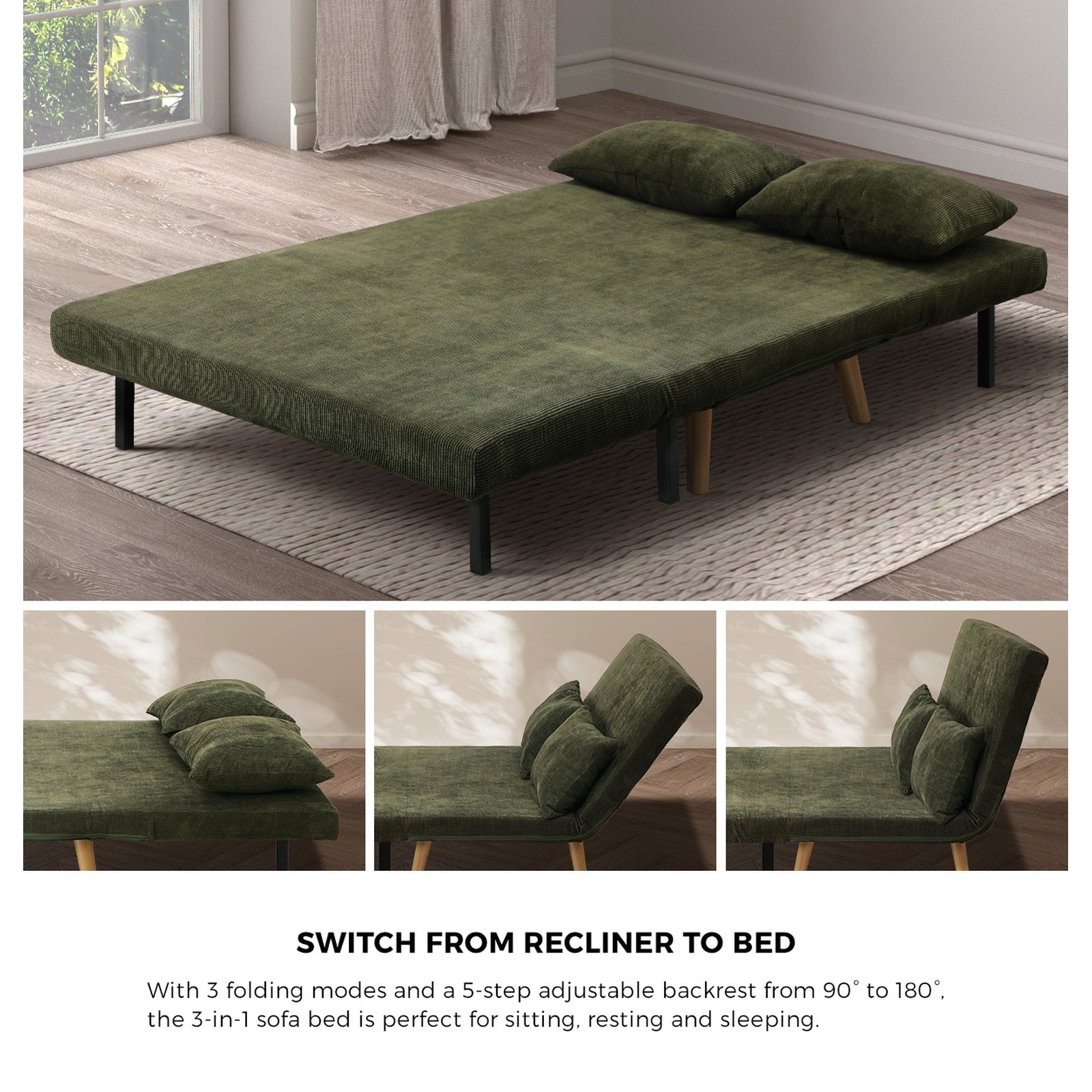 Oikiture Sofa Bed Lounge Chair Polyester Recliner Wood Leg Double Seat Green - Sunyee