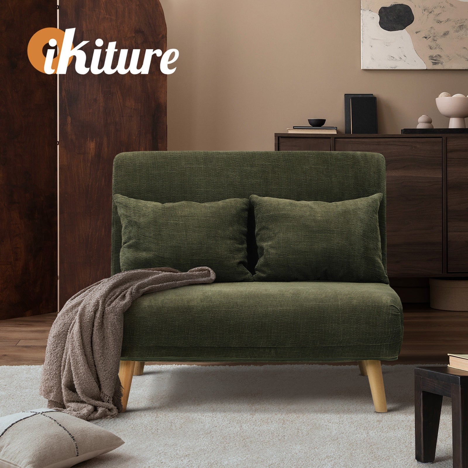 Oikiture Sofa Bed Lounge Chair Polyester Recliner Wood Leg Double Seat Green - Sunyee