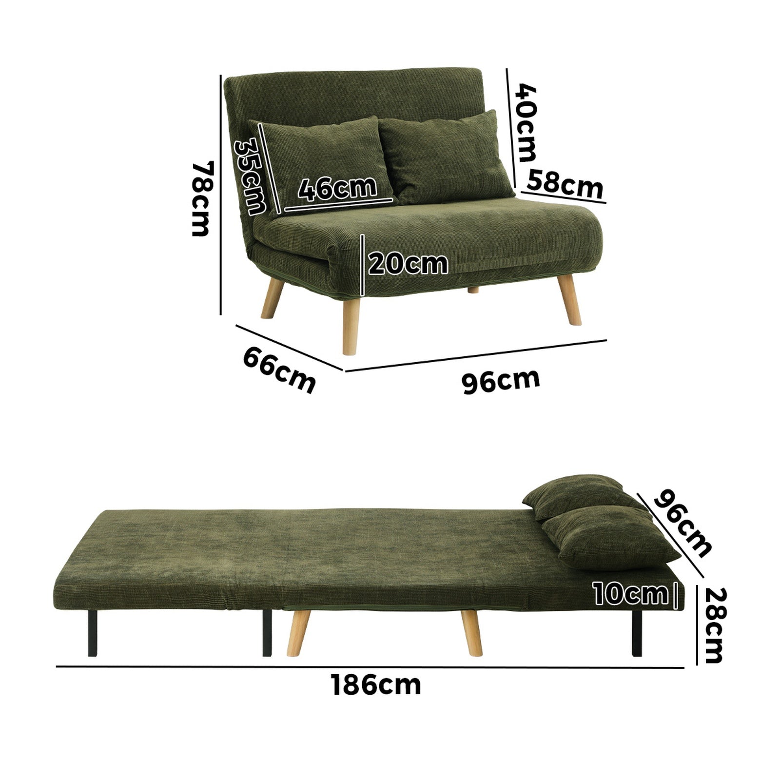 Oikiture Sofa Bed Lounge Chair Polyester Recliner Wood Leg Double Seat Green - Sunyee