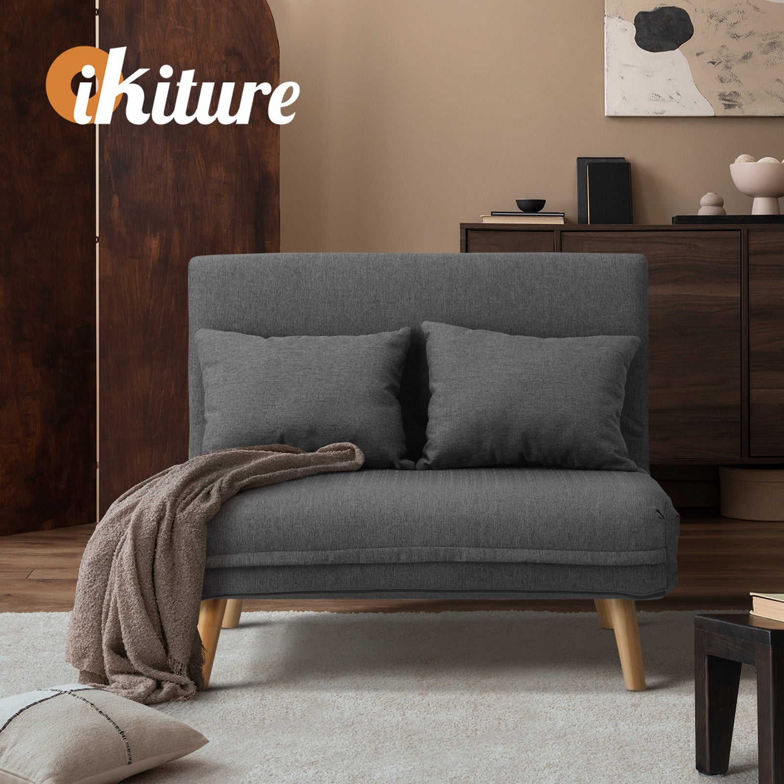 Oikiture Sofa Bed Lounge Chair Linen Fabric Recliner Wood Leg Double Seat Grey - Sunyee