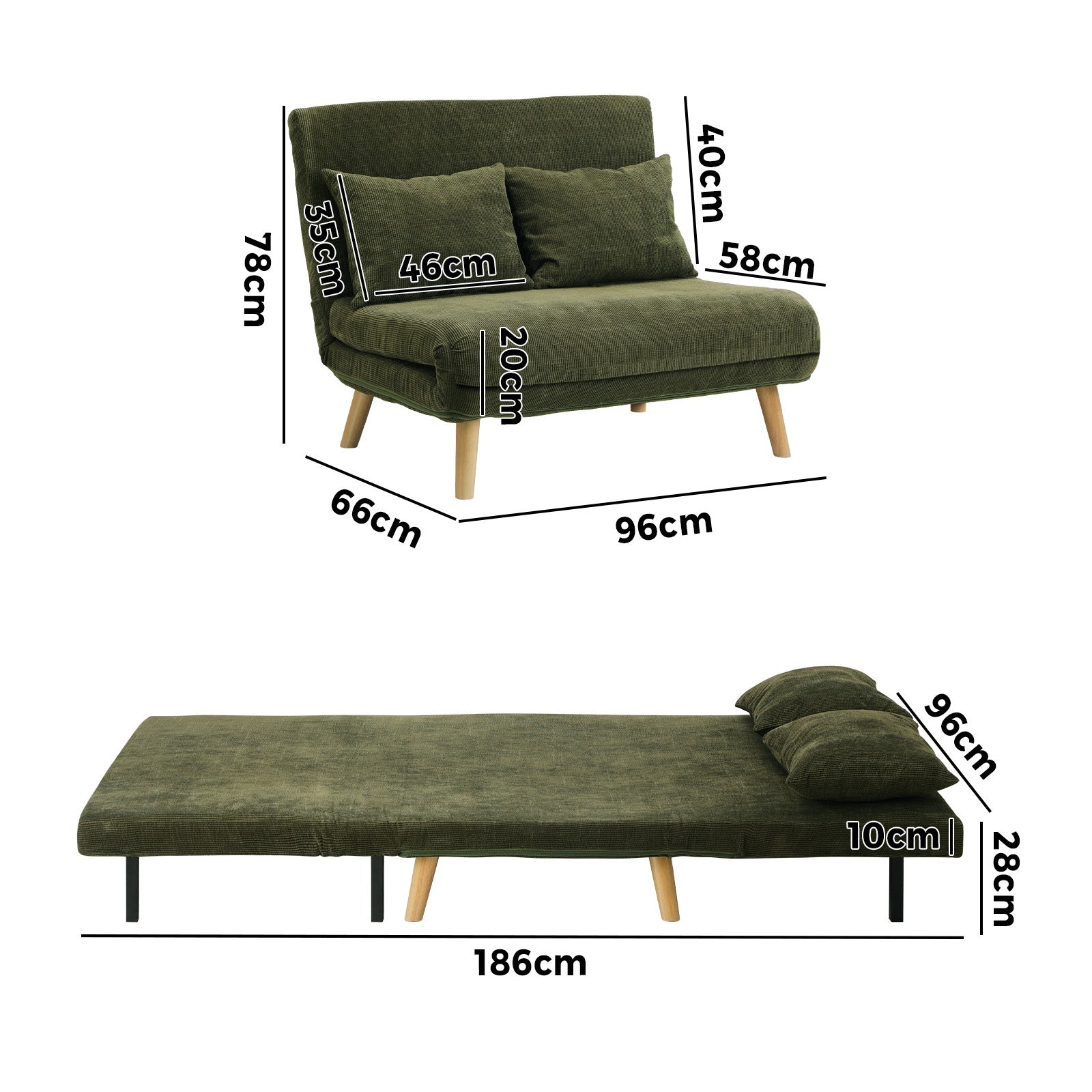 Oikiture Folding Sofa Lounge Single Bed Double Seat Chair Recliner Chaise Pillow - Sunyee