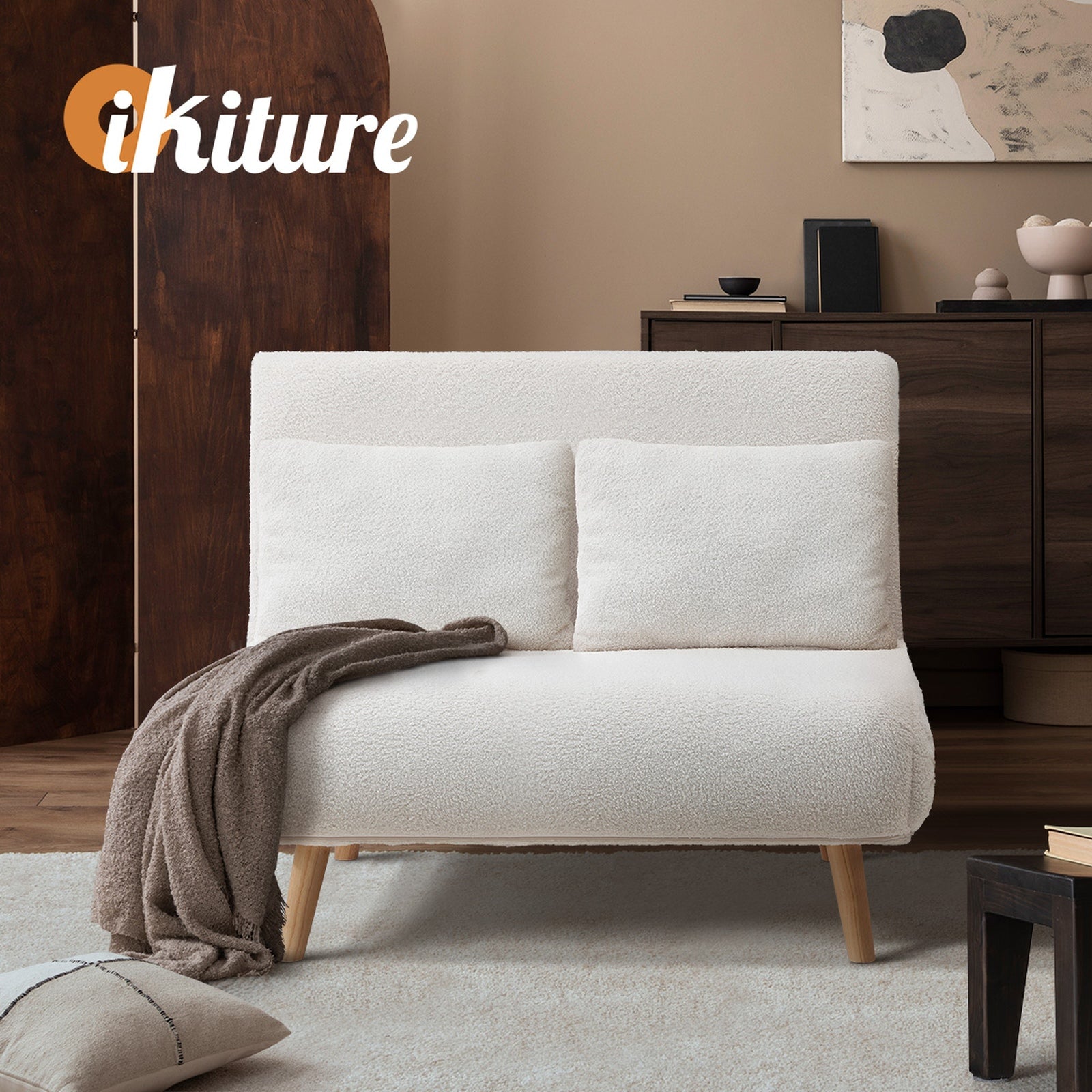 Oikiture Sofa Bed Lounge Chair Sherpa Fabric Recliner Wood Leg Double Seat White - Sunyee