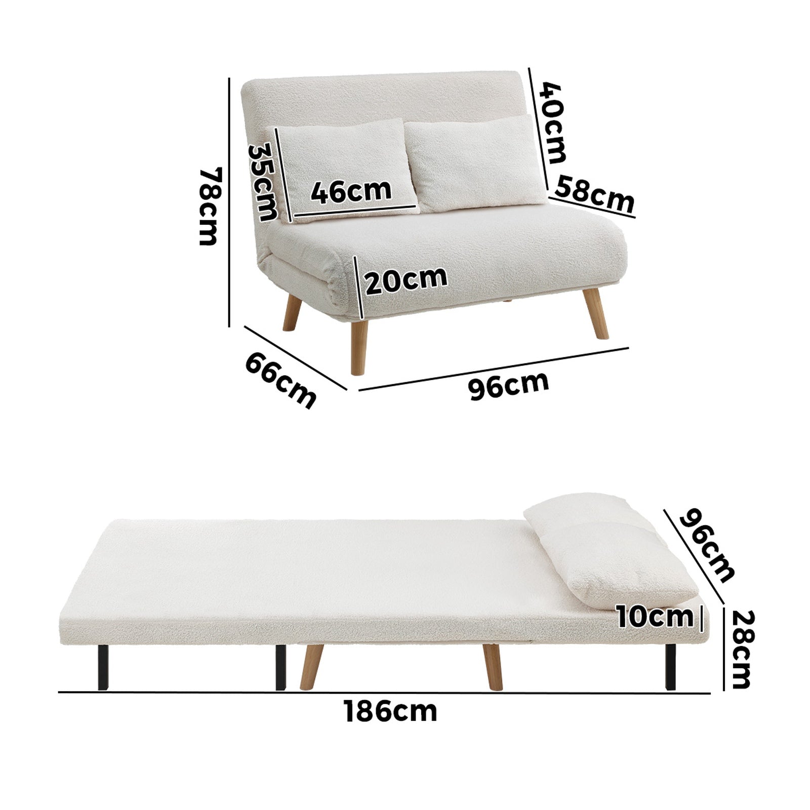 Oikiture Sofa Bed Lounge Chair Sherpa Fabric Recliner Wood Leg Double Seat White - Sunyee