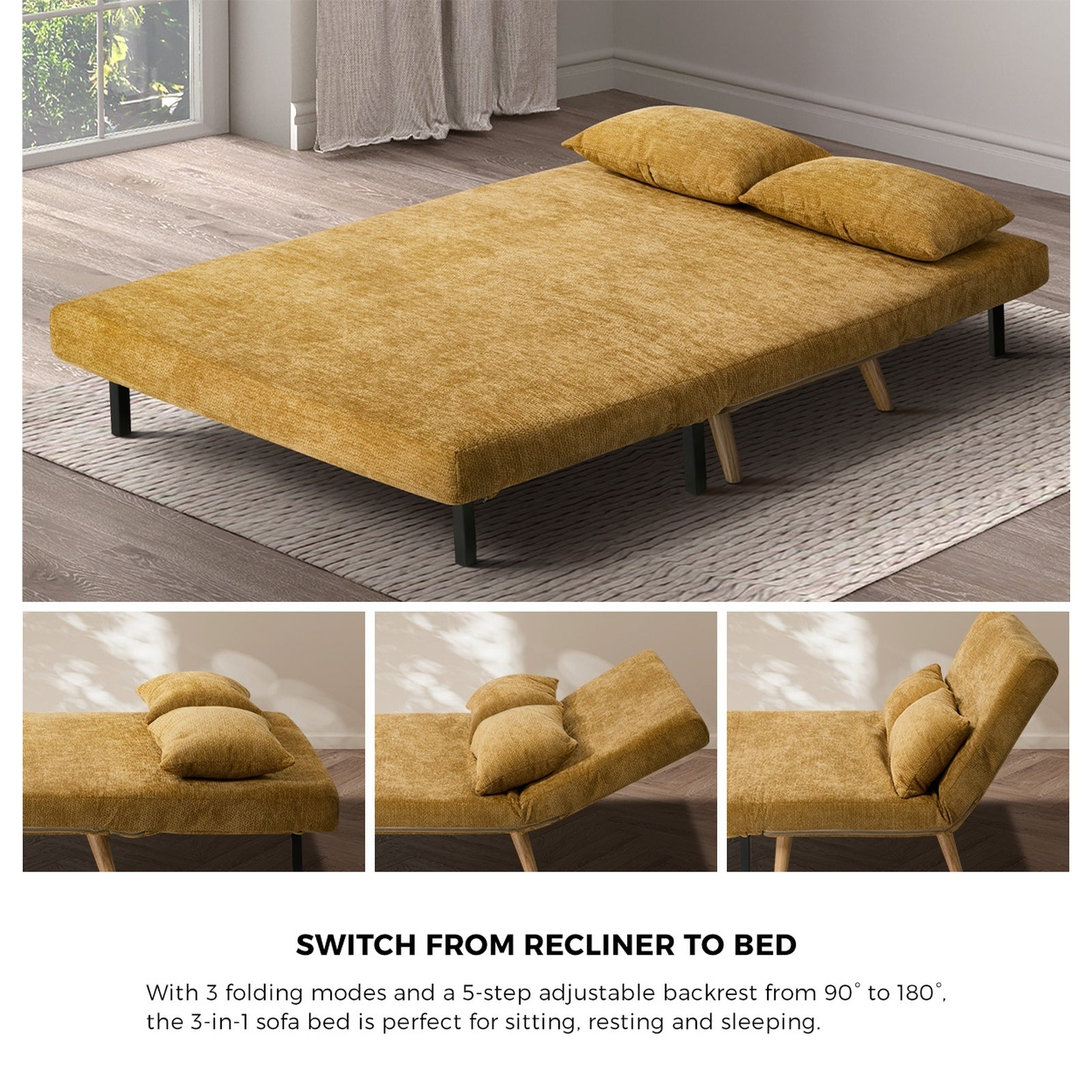 Oikiture Sofa Bed Lounge Chair Chenille Recliner Love Sofa Double Seat Yellow - Sunyee