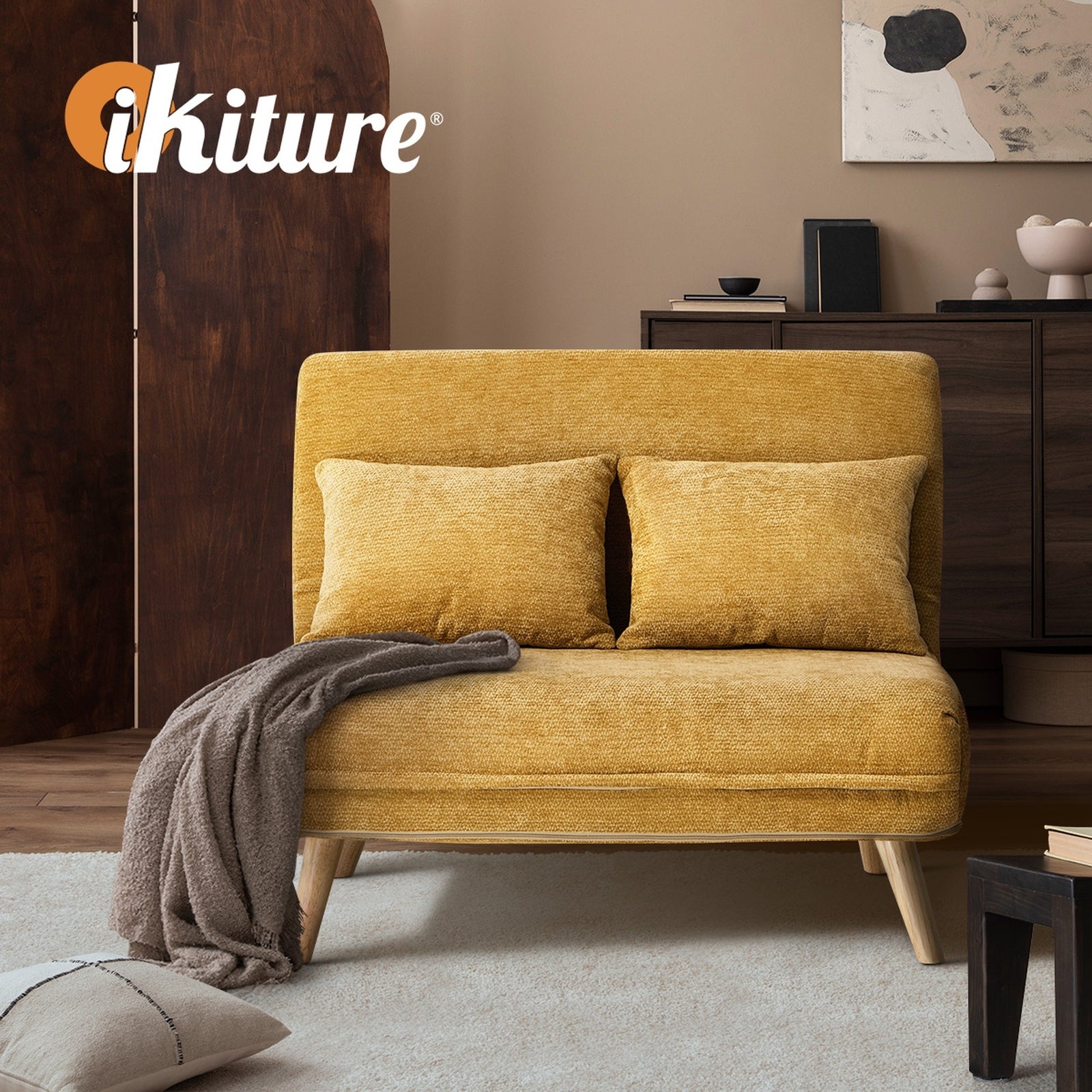 Oikiture Sofa Bed Lounge Chair Chenille Recliner Love Sofa Double Seat Yellow - Sunyee