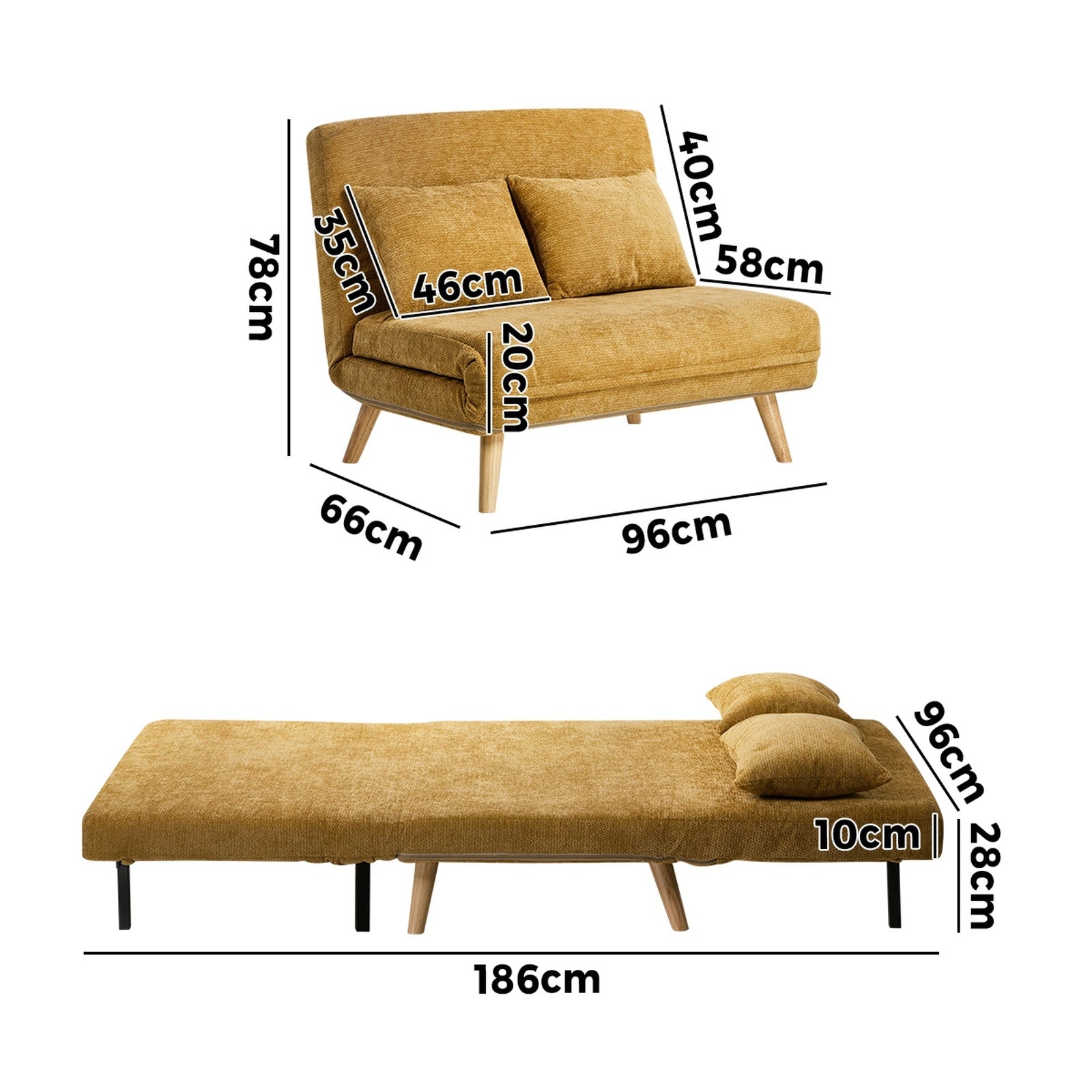 Oikiture Sofa Bed Lounge Chair Chenille Recliner Love Sofa Double Seat Yellow - Sunyee
