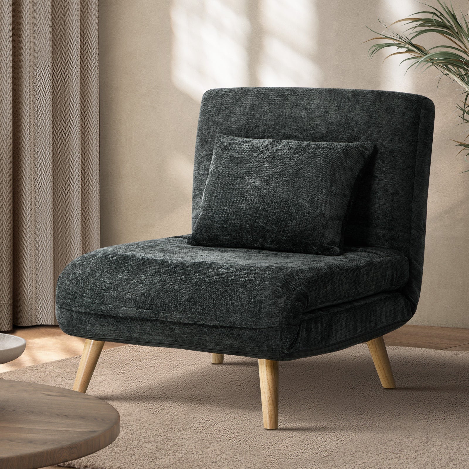 Oikiture Sofa Bed Lounge Chair Chenille Recliner Wooden Leg Single Seat Charcoal - Sunyee