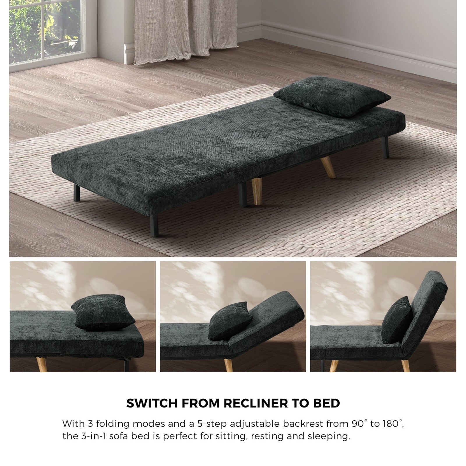 Oikiture Sofa Bed Lounge Chair Chenille Recliner Wooden Leg Single Seat Charcoal - Sunyee