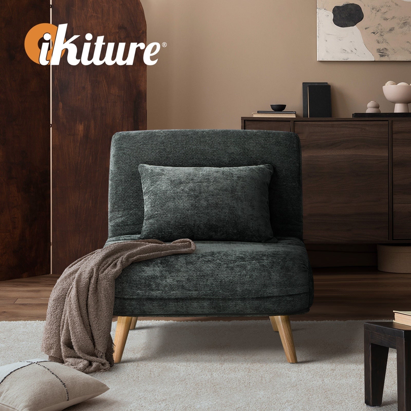 Oikiture Sofa Bed Lounge Chair Chenille Recliner Wooden Leg Single Seat Charcoal - Sunyee