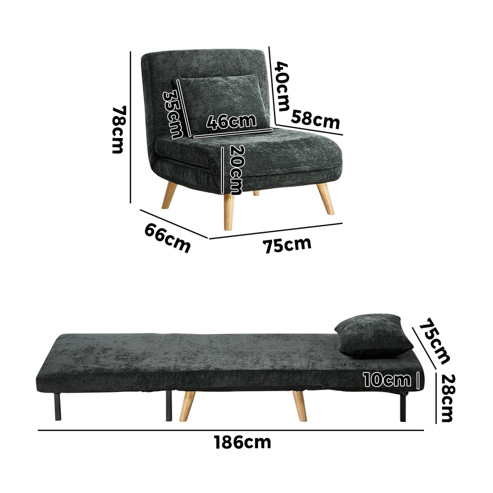 Oikiture Sofa Bed Lounge Chair Chenille Recliner Wooden Leg Single Seat Charcoal - Sunyee