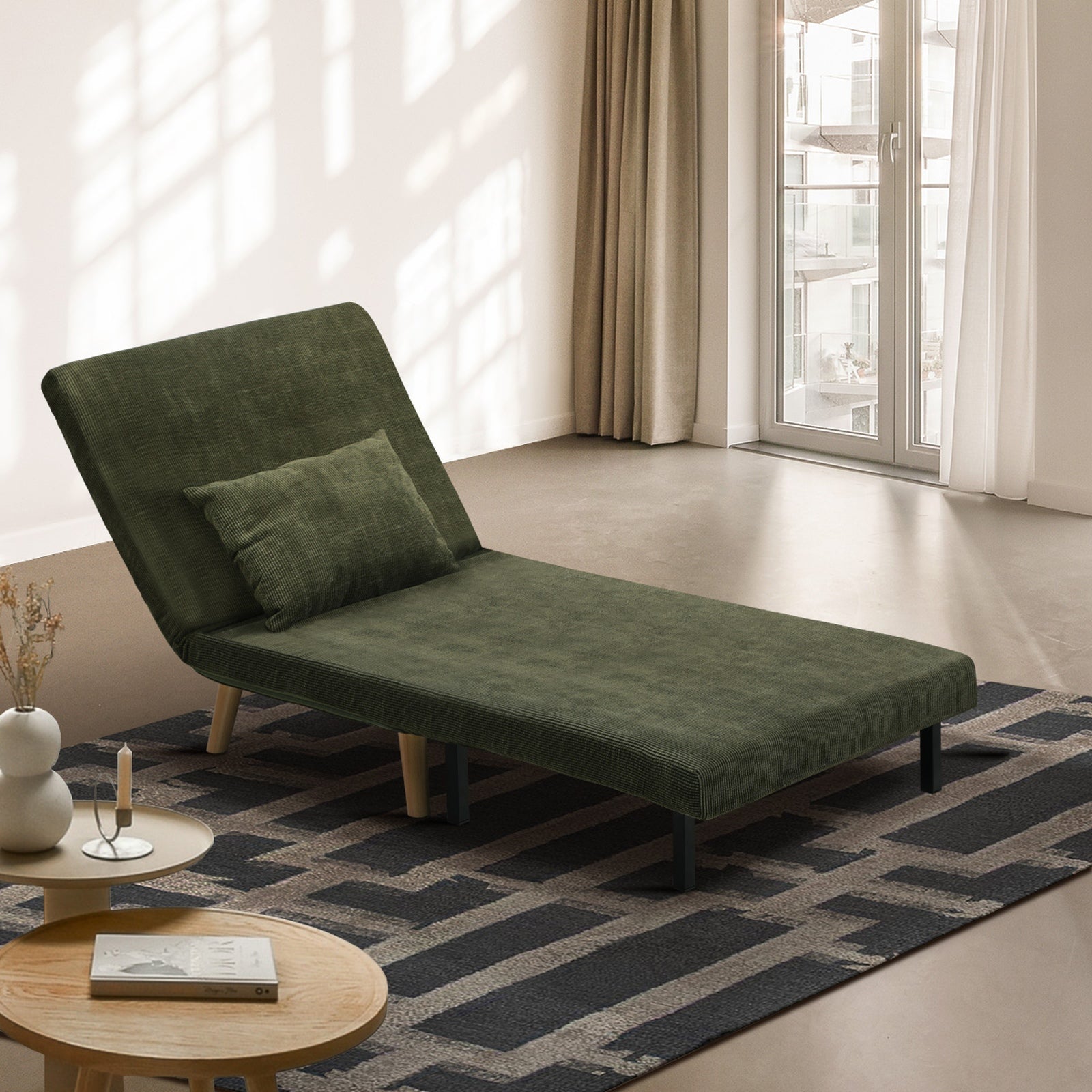 Oikiture Sofa Bed Lounge Chair Polyester Recliner Wood Leg Single Seat Green - Sunyee