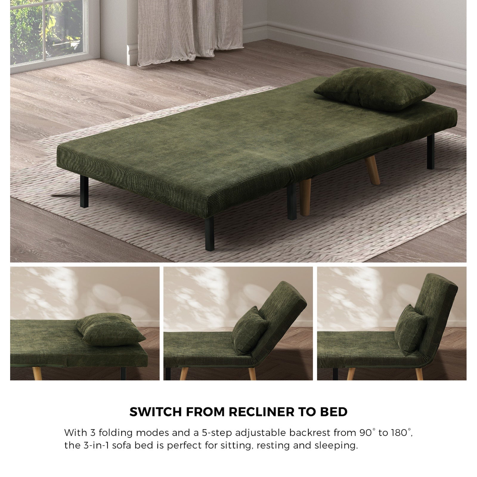 Oikiture Sofa Bed Lounge Chair Polyester Recliner Wood Leg Single Seat Green - Sunyee