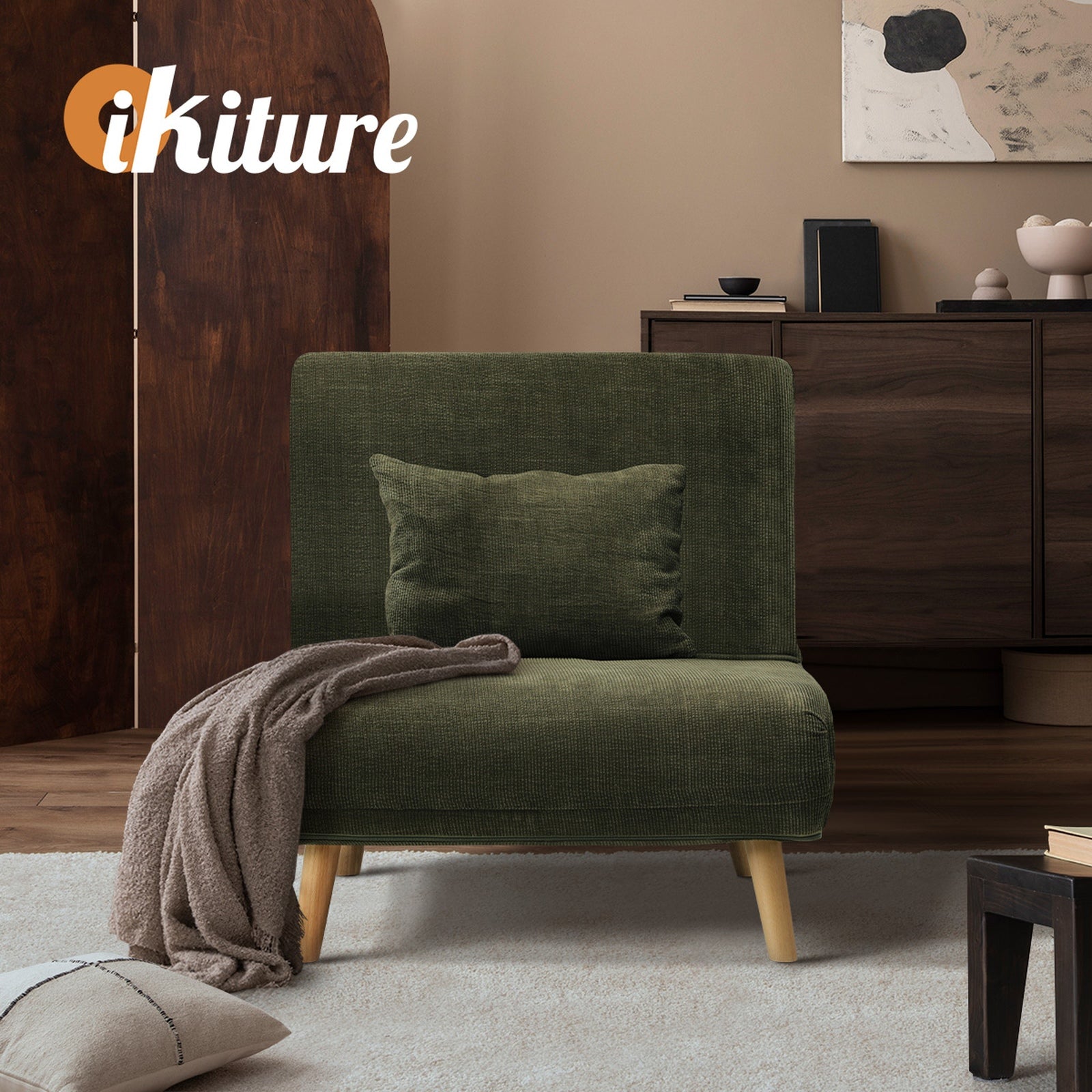 Oikiture Sofa Bed Lounge Chair Polyester Recliner Wood Leg Single Seat Green - Sunyee