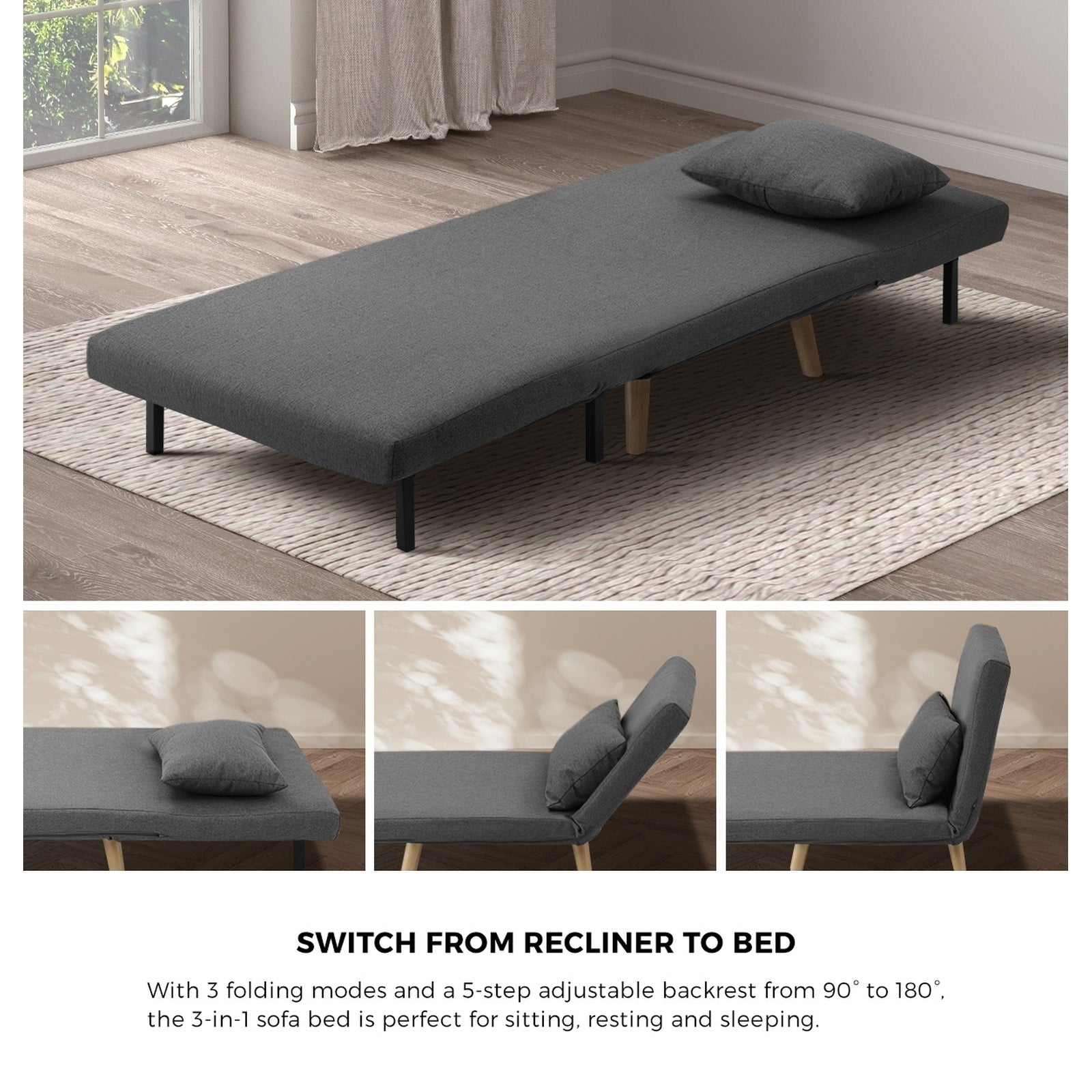 Oikiture Sofa Bed Lounge Chair Linen Fabric Recliner Wood Leg Single Seat Grey - Sunyee