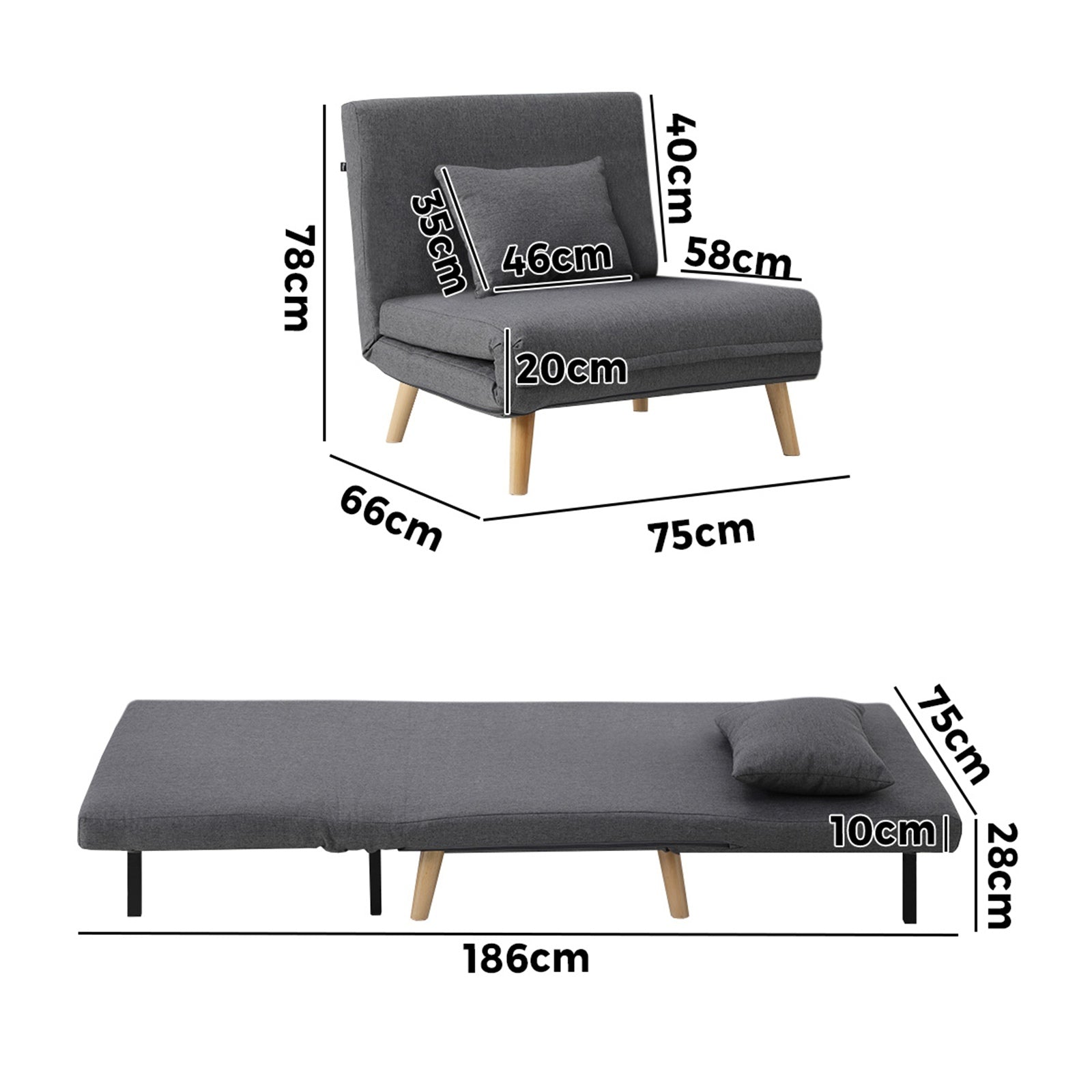 Oikiture Sofa Bed Lounge Chair Linen Fabric Recliner Wood Leg Single Seat Grey - Sunyee