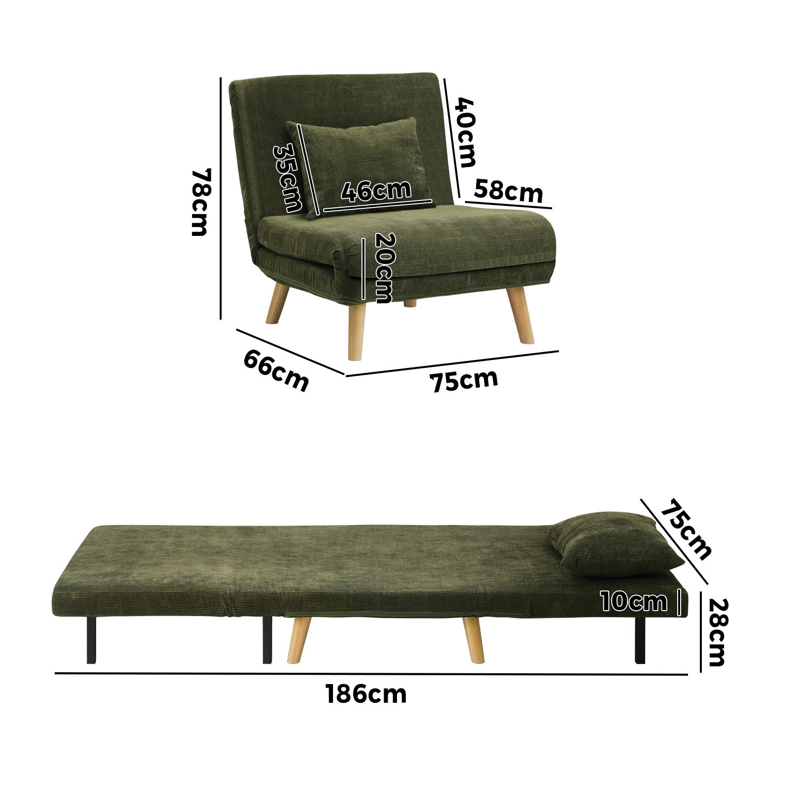 Oikiture Folding Sofa Bed Lounge Singe Chair Recliner Chaise Leisure Couch - Sunyee