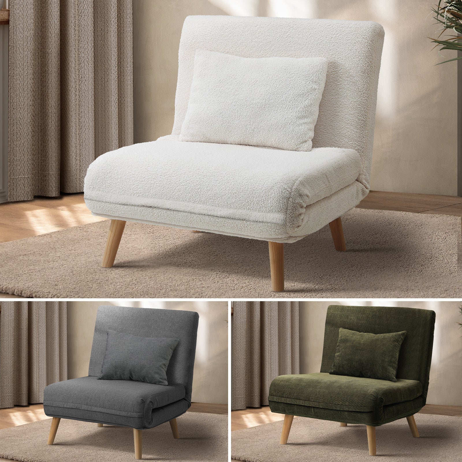 Oikiture Folding Sofa Bed Lounge Singe Chair Recliner Chaise Sherpa/Velvet/Linen - Sunyee