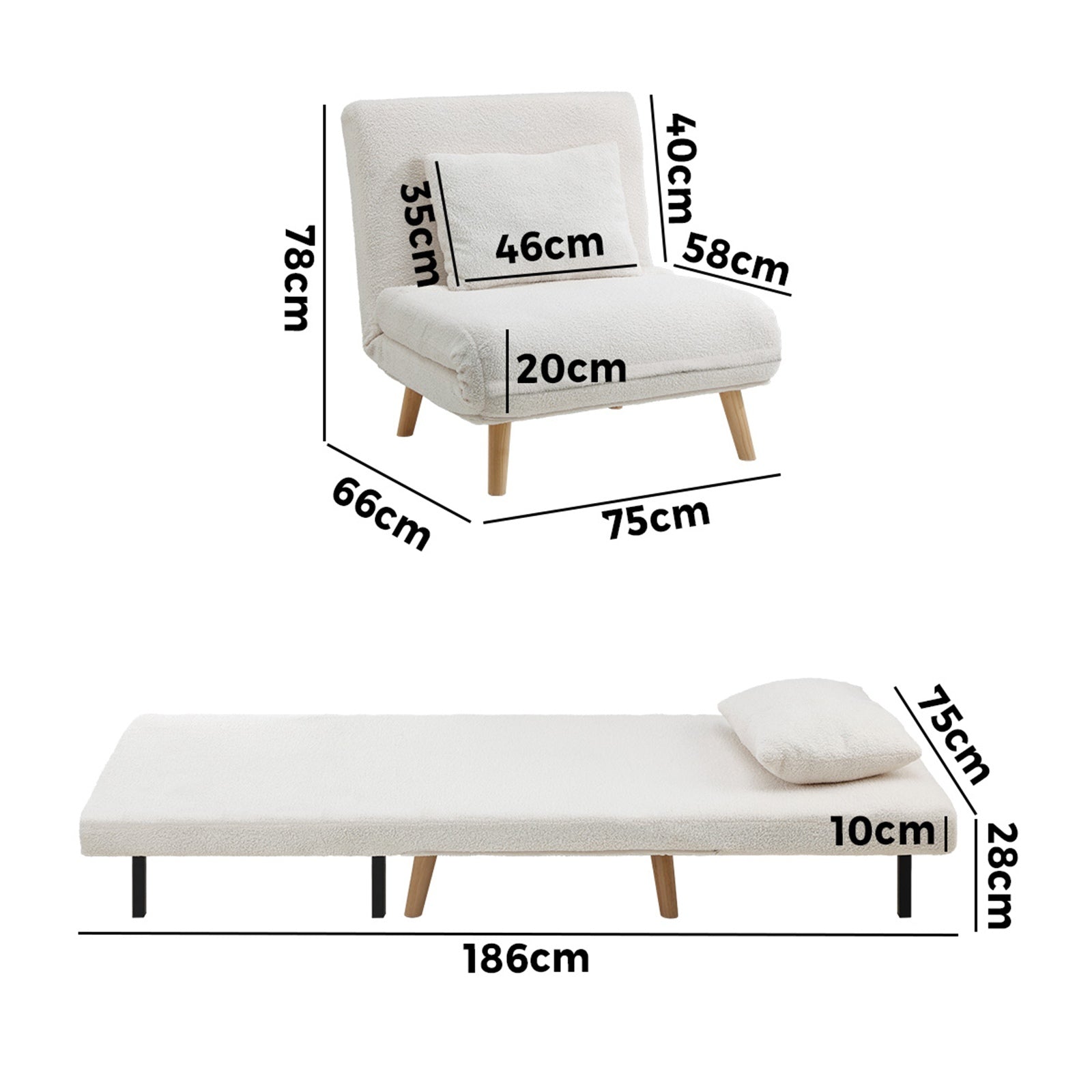 Oikiture Sofa Bed Lounge Chair Sherpa Fabric Recliner Wood Leg Single Seat White - Sunyee