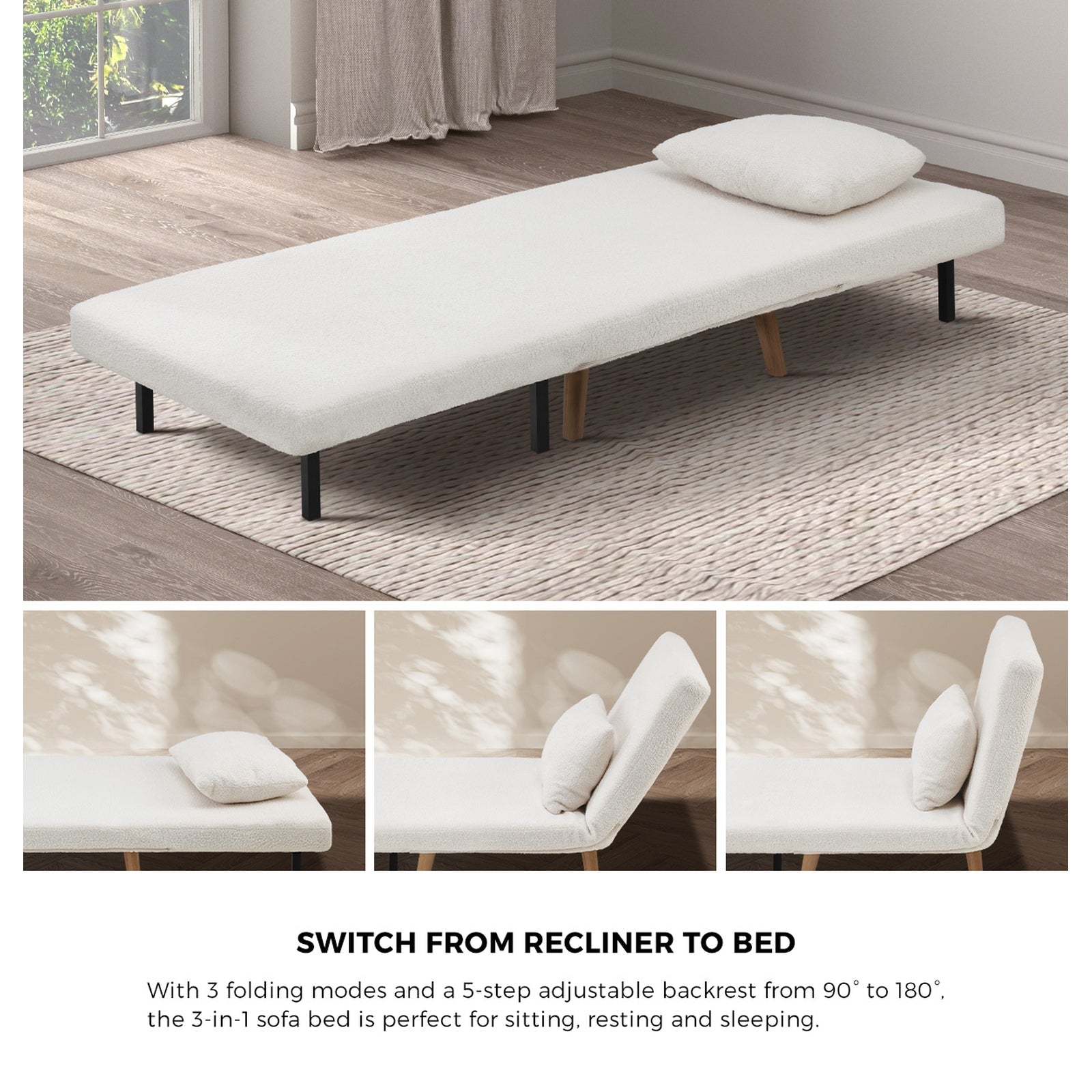Oikiture Sofa Bed Lounge Chair Sherpa Fabric Recliner Wood Leg Single Seat White - Sunyee