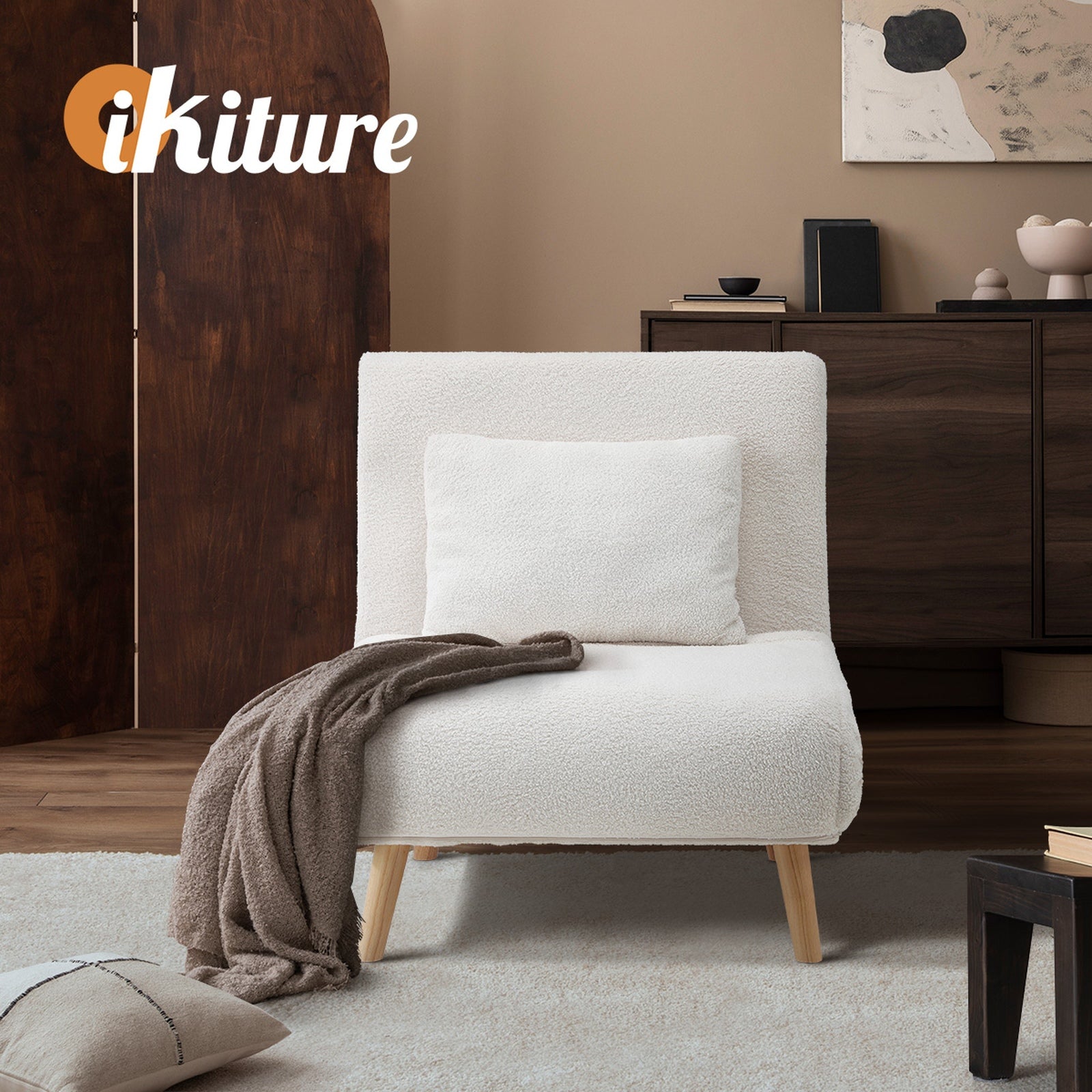 Oikiture Sofa Bed Lounge Chair Sherpa Fabric Recliner Wood Leg Single Seat White - Sunyee