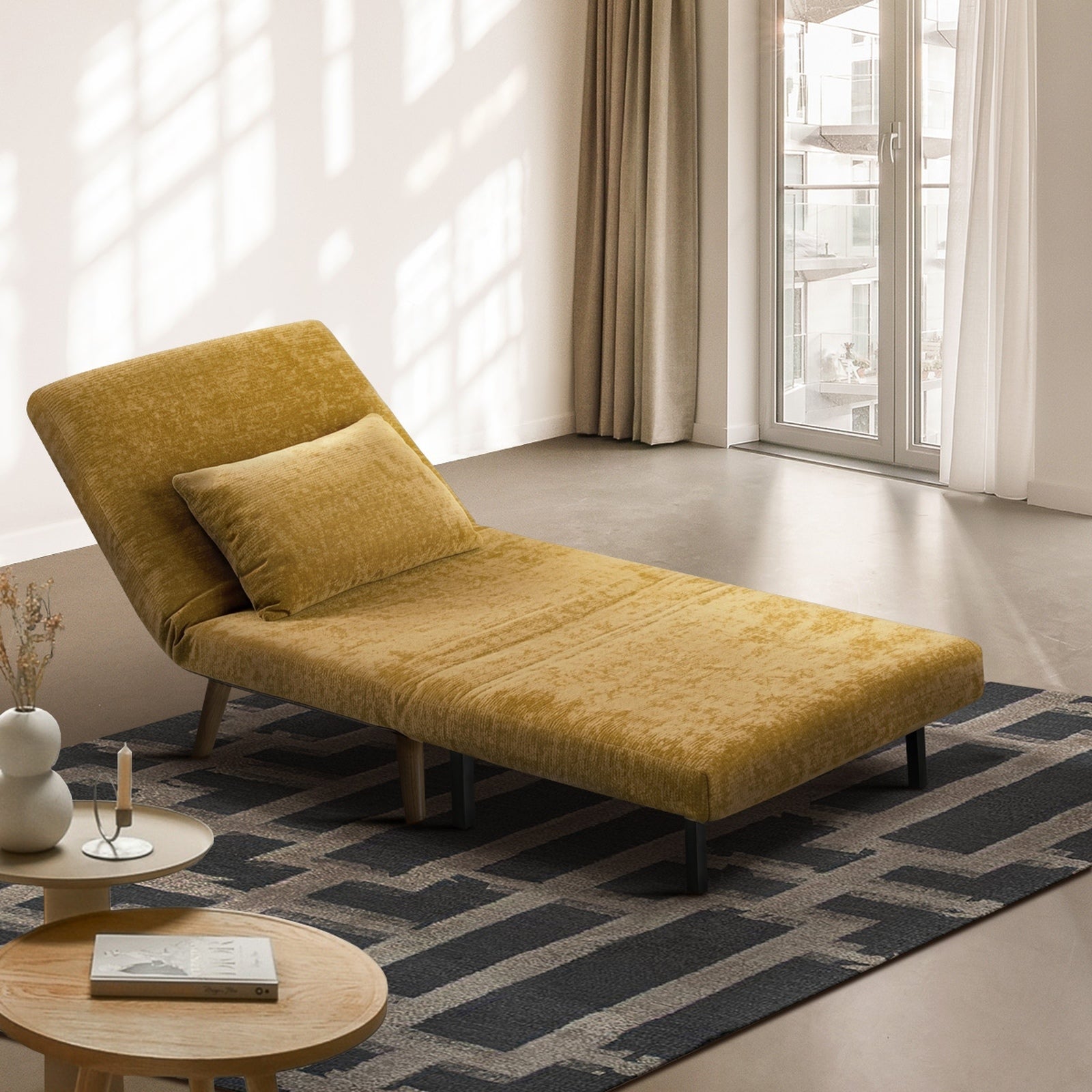 Oikiture Sofa Bed Lounge Chair Chenille Recliner Wooden Legs Single Seat Yellow - Sunyee