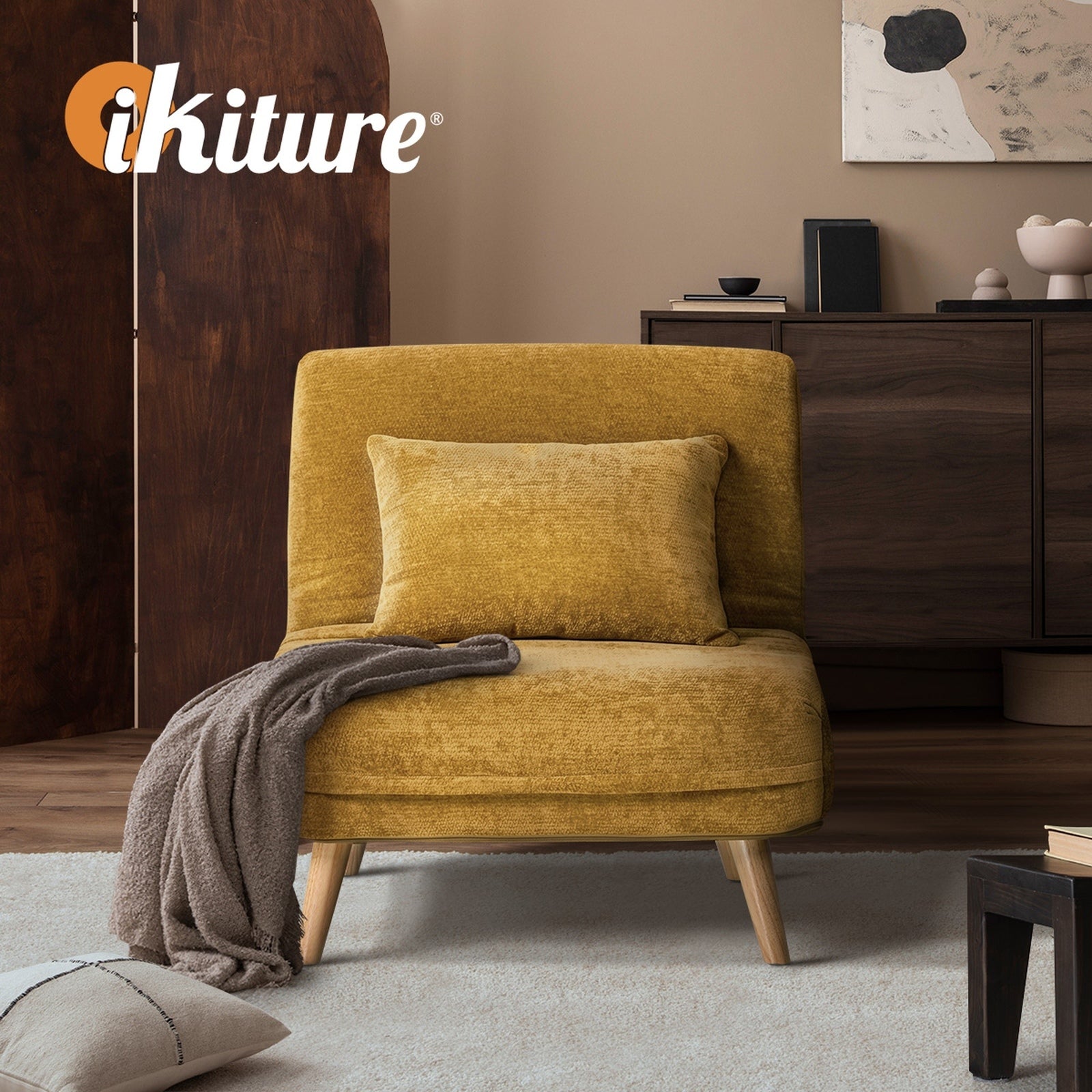 Oikiture Sofa Bed Lounge Chair Chenille Recliner Wooden Legs Single Seat Yellow - Sunyee