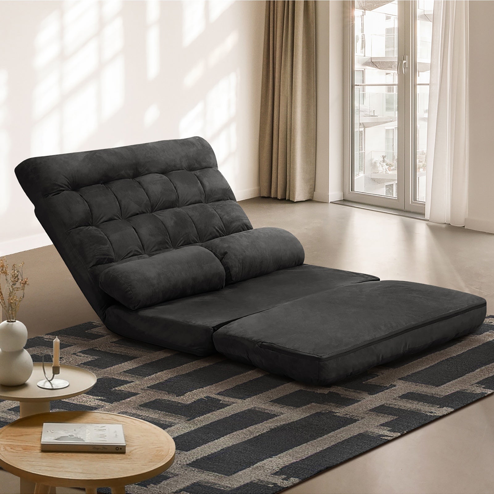 Oikiture Lounge Sofa Bed Floor Recliner 2 seater Chaise Chair Folding Charcoal - Sunyee