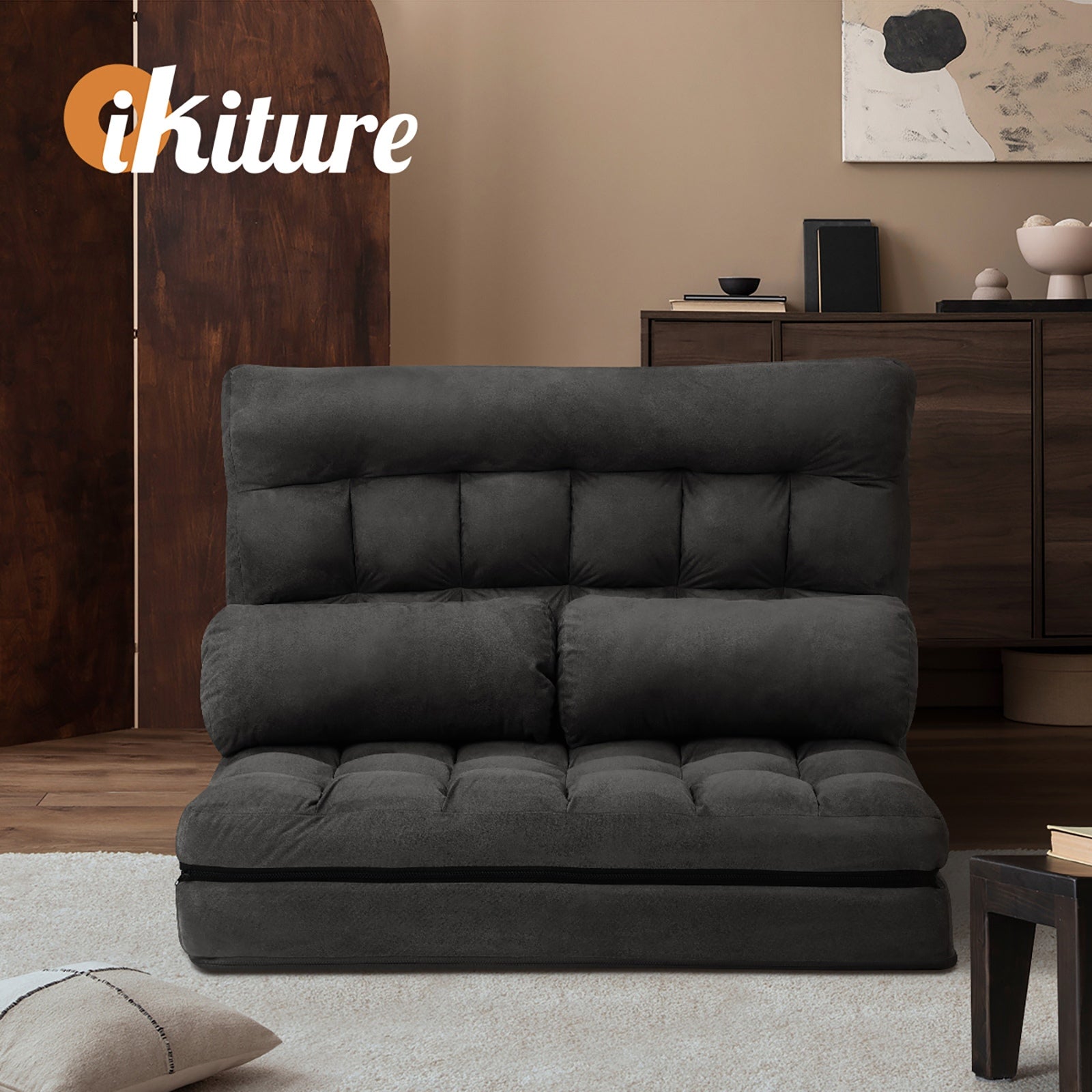 Oikiture Lounge Sofa Bed Floor Recliner 2 seater Chaise Chair Folding Charcoal - Sunyee