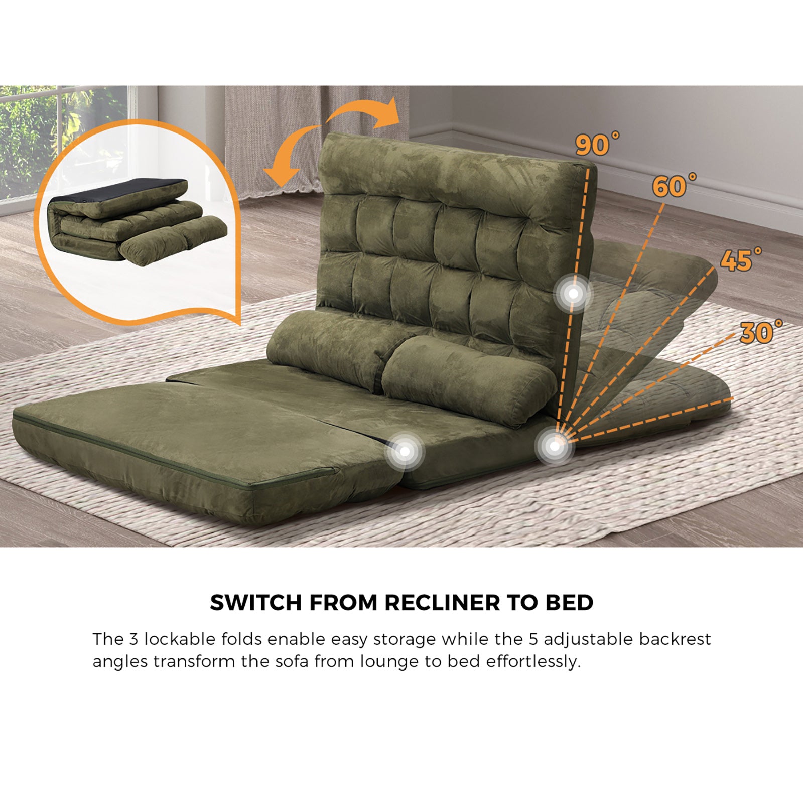 Oikiture Lounge Sofa Bed Floor Recliner 2 seater Chaise Chair Folding Green - Sunyee