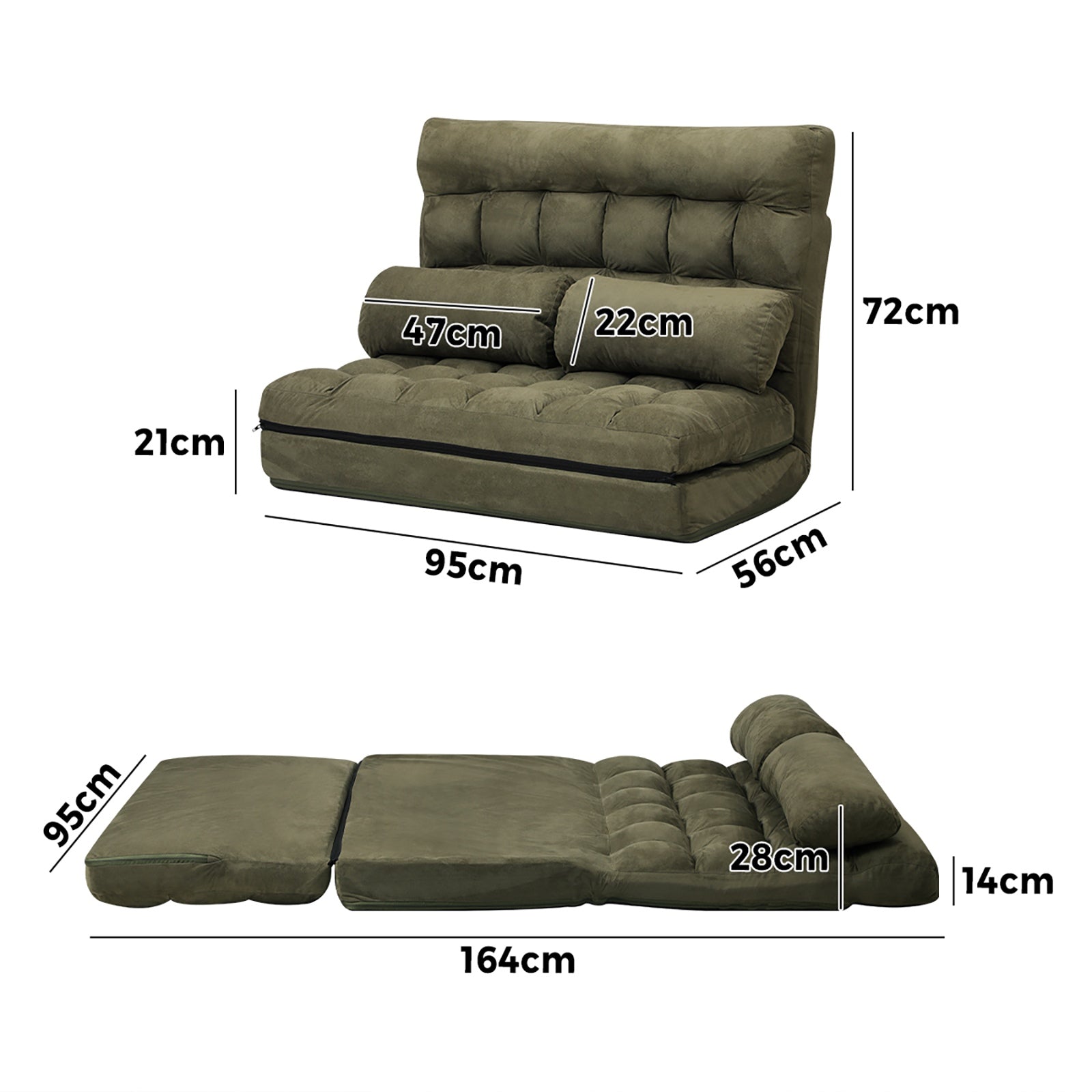 Oikiture Lounge Sofa Bed Floor Recliner 2 seater Chaise Chair Folding Green - Sunyee