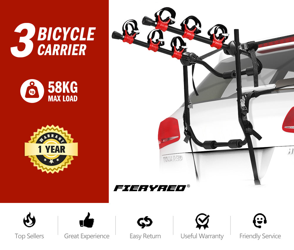 Fieryred 3 Bike Rack Bicycle Carrier Car Rear Universal Trunk Foldable - Sunyee