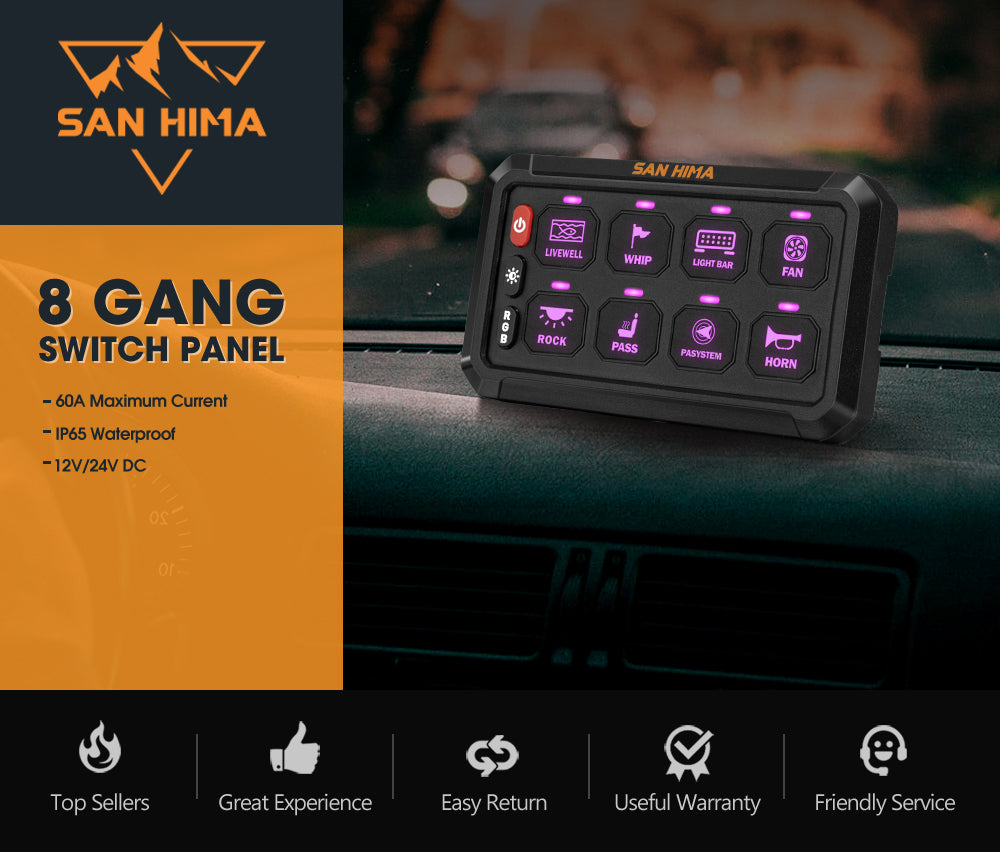 San Hima 8 Gang Bluetooth Switch Panel 12V/24V ON-OFF LED Control For Car Boat - Sunyee