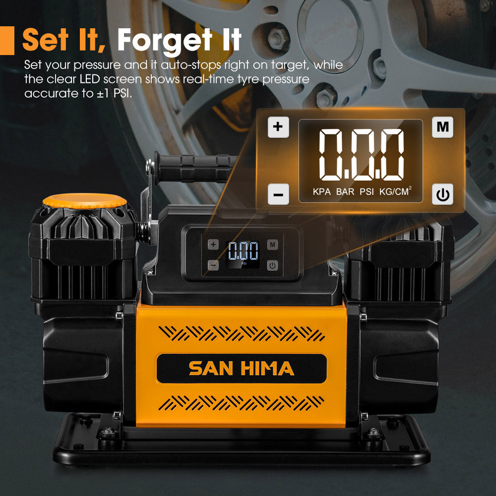 San Hima 12V Dual Cylinders Air Compressor 350L/min 150PSI Digital Portable - Sunyee