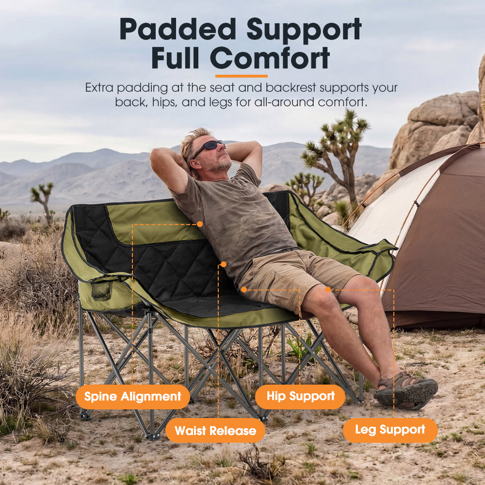 San Hima Folding Double Camping Chair Portable Outdoor Moon Chair 2 Seater Green - Sunyee
