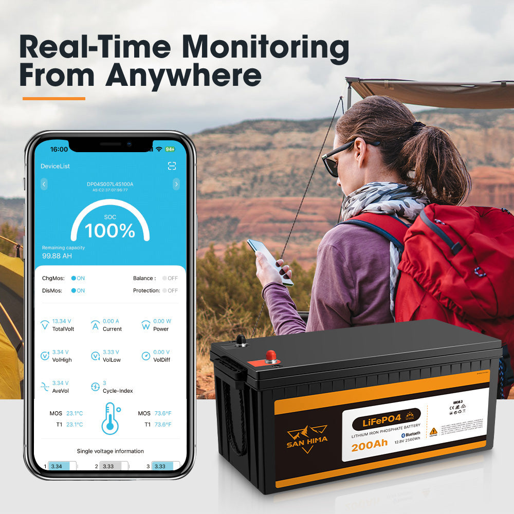 San Hima 12V 200Ah Lithium Iron Phosphate Battery LiFePO4 w/ Bluetooth & Self-heating Function - Sunyee