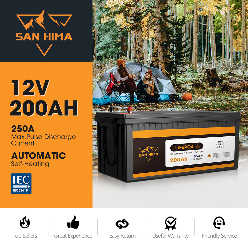San Hima 12V 200Ah Lithium Iron Phosphate Battery LiFePO4 w/ Bluetooth & Self-heating Function - Sunyee