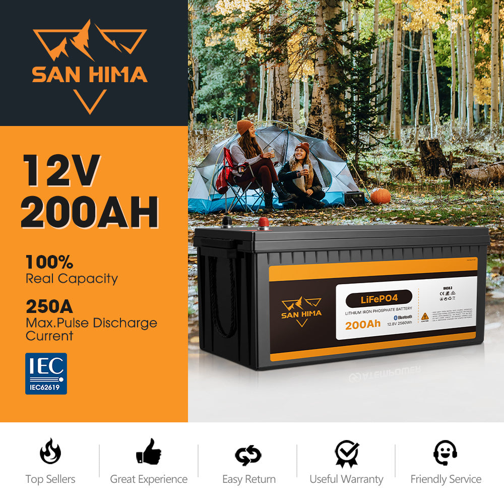 San Hima 12V 200Ah Lithium Iron Phosphate Battery LiFePO4 w/ Bluetooth Built-in BMS - Sunyee